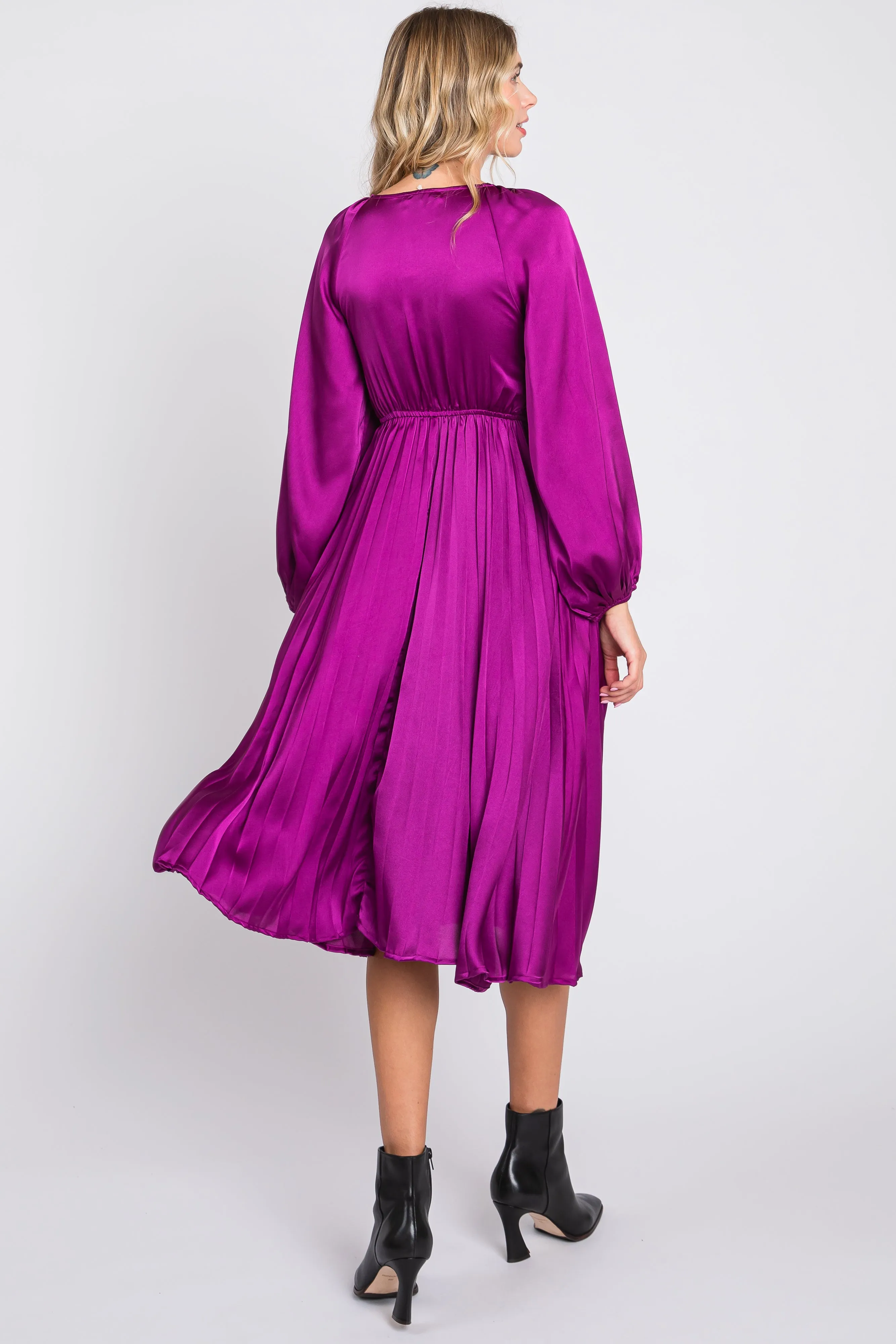 Purple Satin Smocked and Pleated Midi Dress sold by Pinkblush product image thumbnail 3