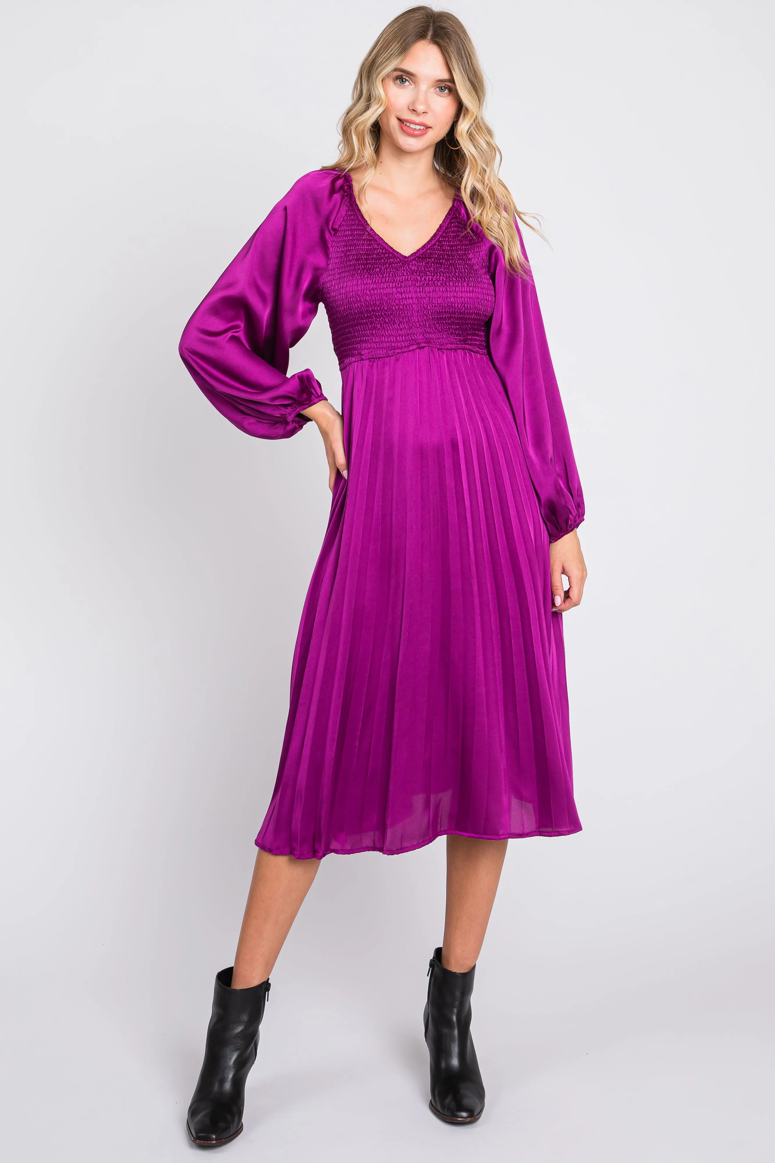 Purple Satin Smocked and Pleated Midi Dress sold by Pinkblush