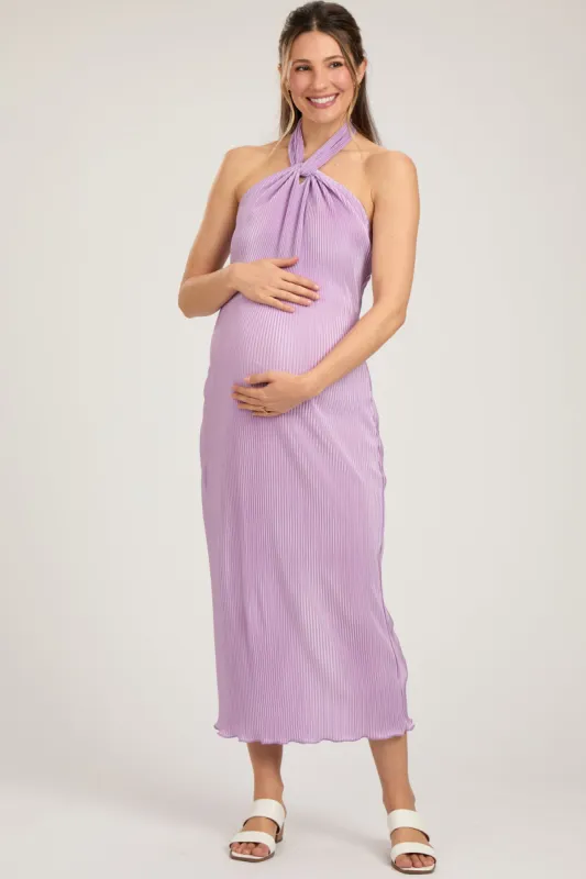 Lavender Knot Front Plisse Halter Maternity Midi Dress sold by Pinkblush