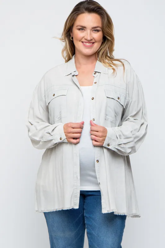 Grey Button Up Fringe Hem Maternity Plus Top sold by Pinkblush