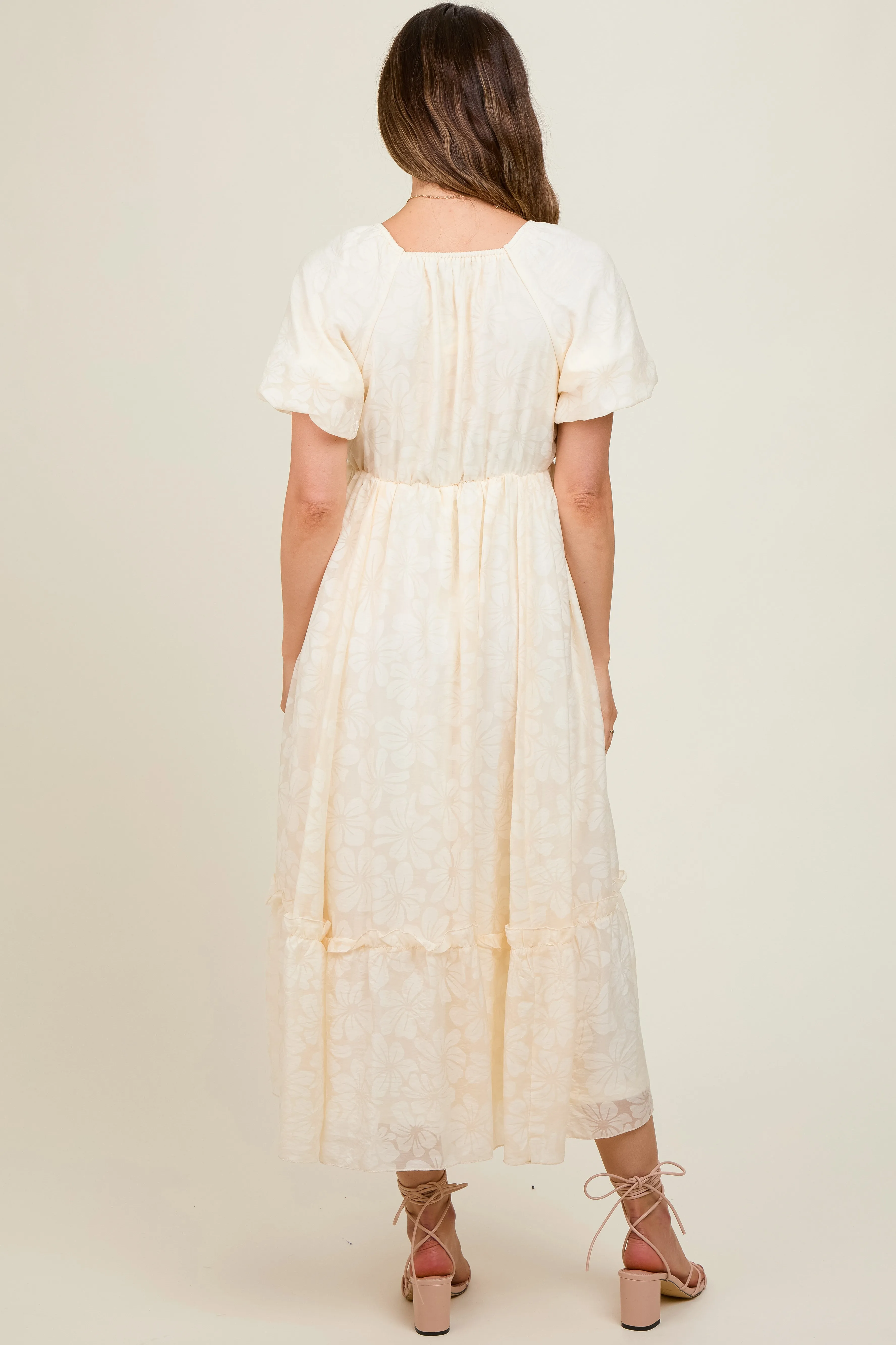 Cream Floral Square Neck Bubble Sleeve Maternity Maxi Dress sold by Pinkblush product image thumbnail 4