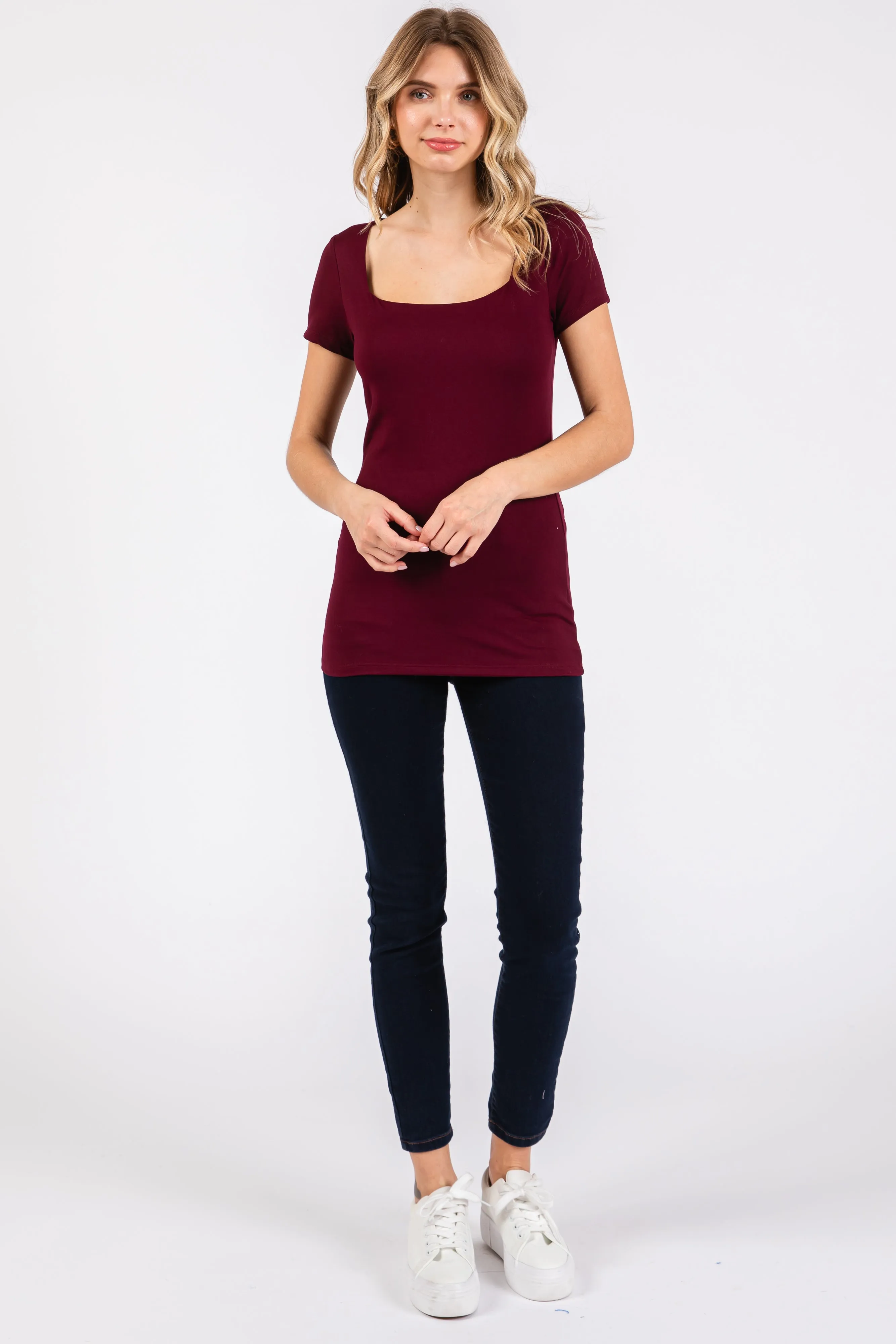 Burgundy Square Neck Short Sleeve Top sold by Pinkblush product image thumbnail 4