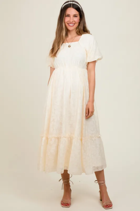 Cream Floral Square Neck Bubble Sleeve Maternity Maxi Dress sold by Pinkblush