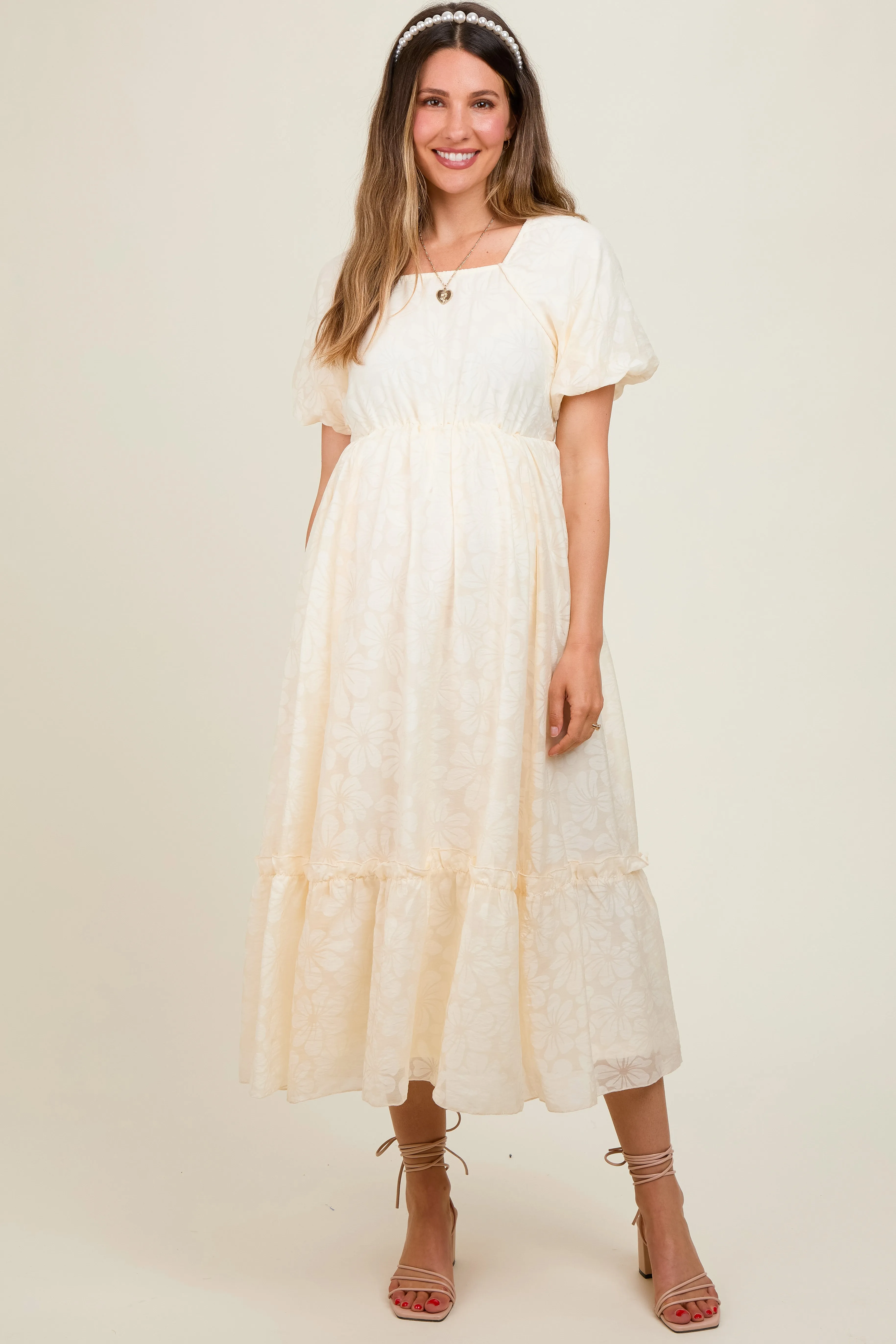 Cream Floral Square Neck Bubble Sleeve Maternity Maxi Dress sold by Pinkblush