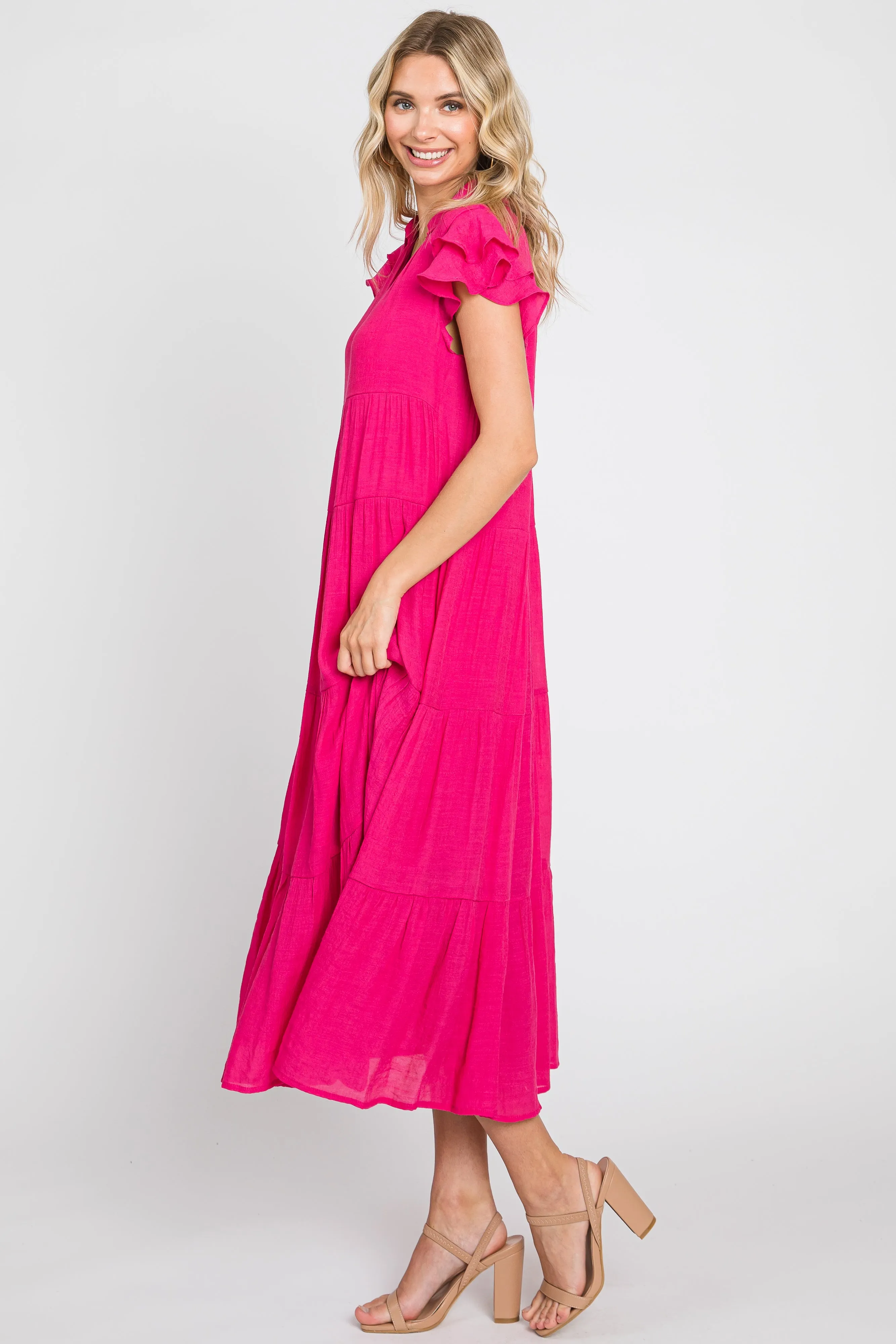 Fuchsia Flutter Sleeve Tiered Midi Dress sold by Pinkblush product image thumbnail 4