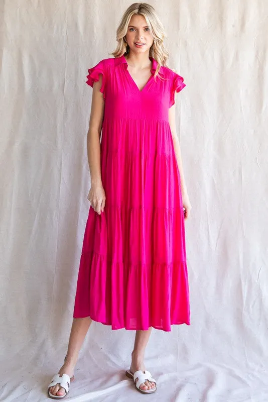 Fuchsia Flutter Sleeve Tiered Midi Dress sold by Pinkblush