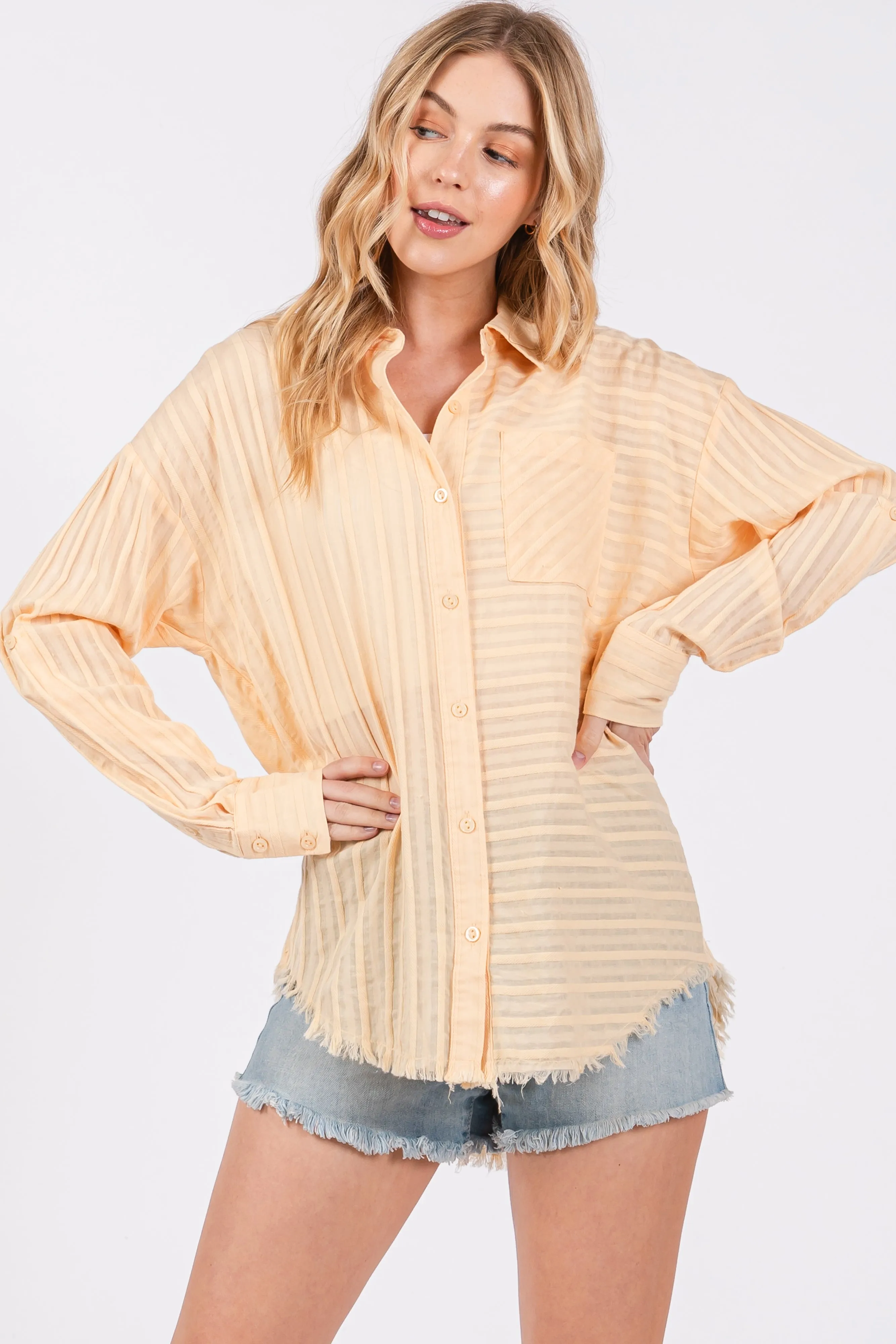 Peach Striped Fringe Button Down Maternity Shirt sold by Pinkblush product image thumbnail 4