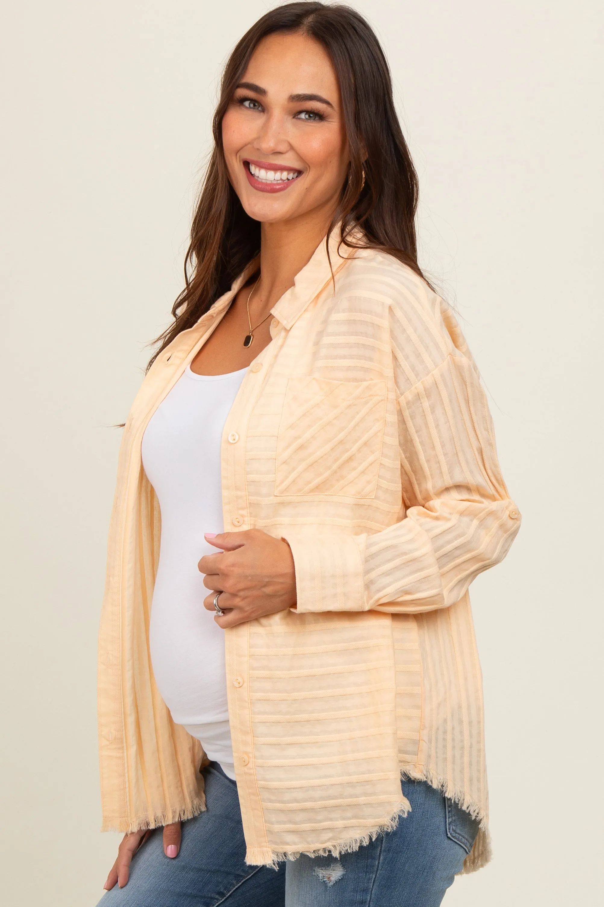 Peach Striped Fringe Button Down Maternity Shirt sold by Pinkblush product image thumbnail 2