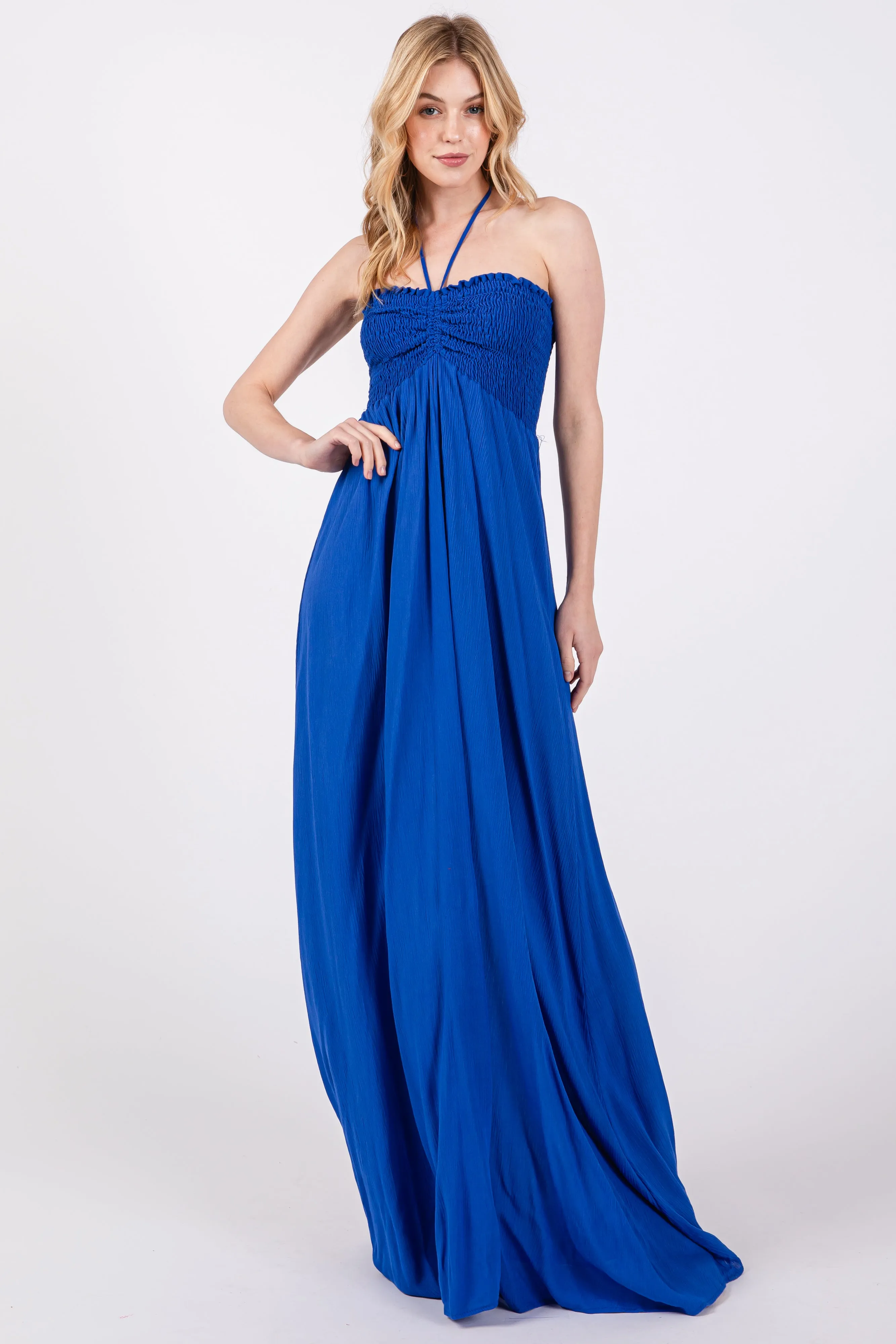 Royal Blue Smocked Halter Maxi Dress sold by Pinkblush