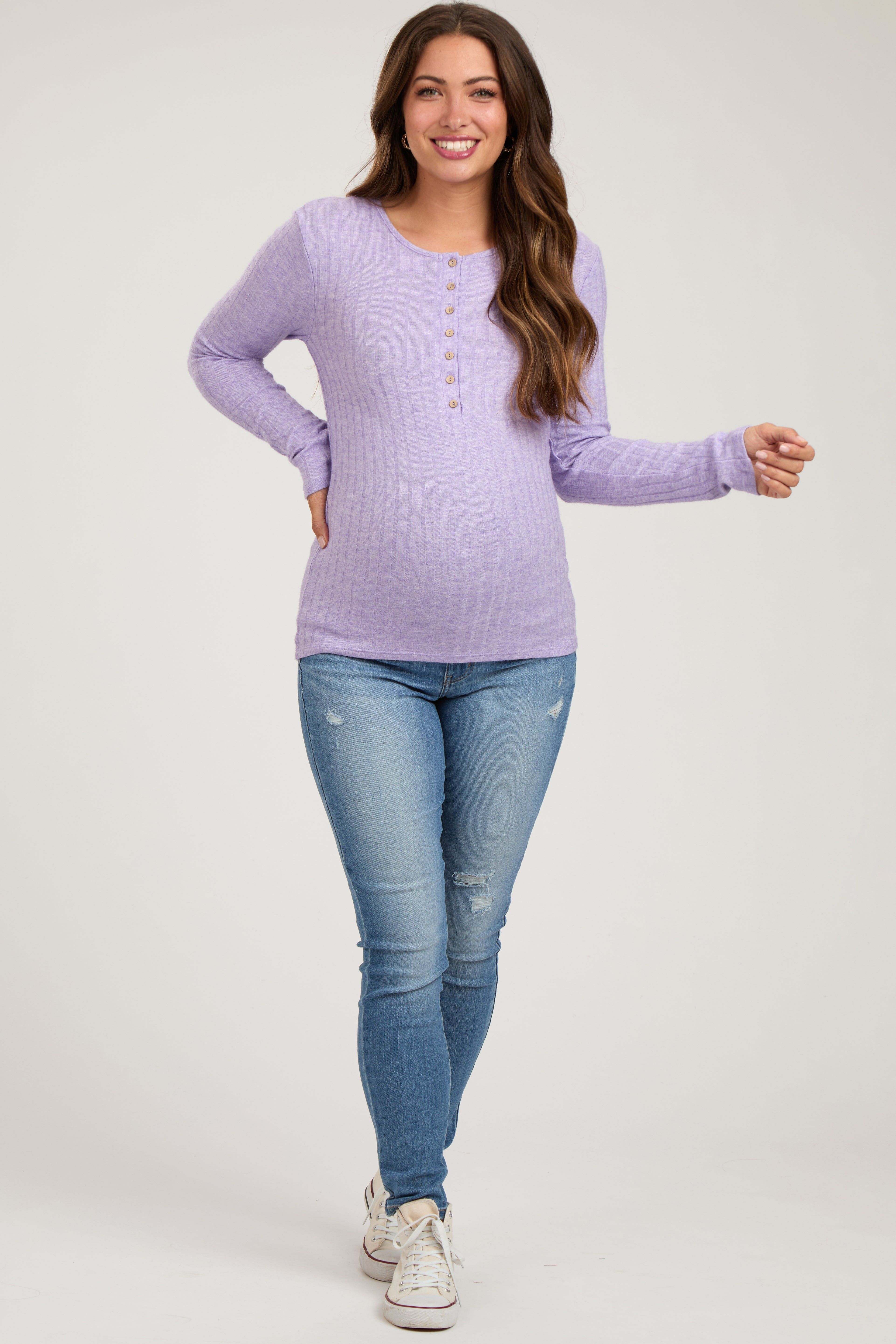Lavender Ribbed Knit Button Long Sleeve Maternity Top sold by Pinkblush