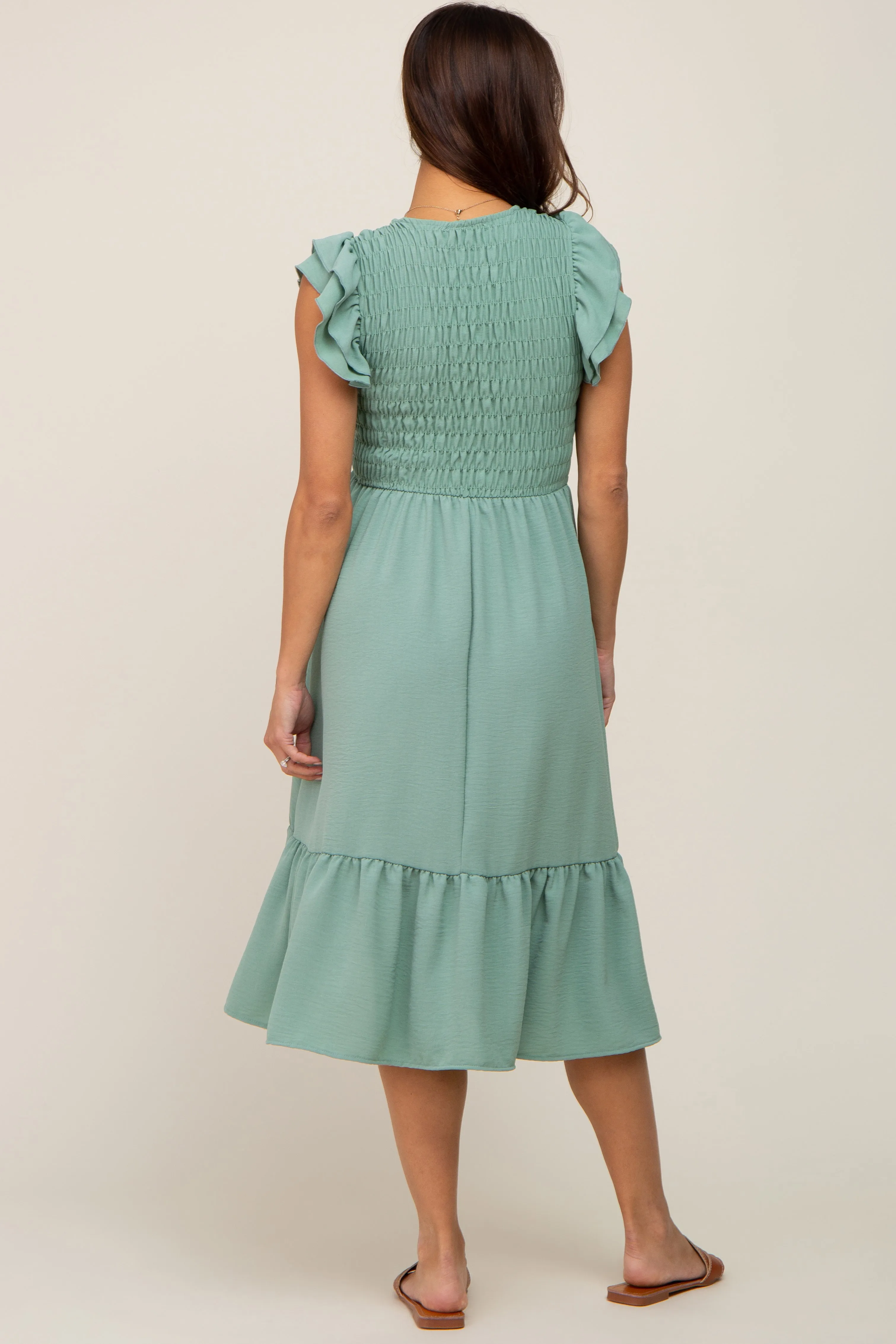 Sage Smocked Layered Ruffle Flutter Sleeve Maternity Midi Dress sold by Pinkblush product image thumbnail 3