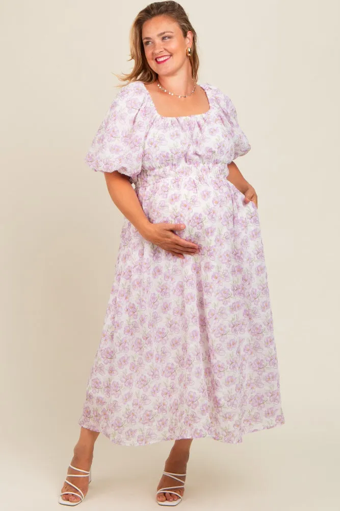 Lavender Floral Puff Sleeve Maternity Plus Midi Dress sold by Pinkblush