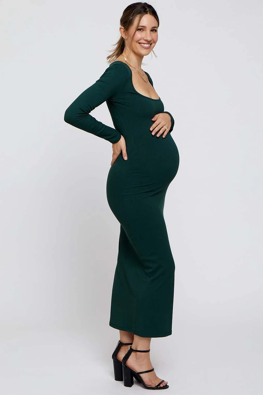 Forest Green Ribbed Scoop Neck Maternity Midi Dress sold by Pinkblush product image thumbnail 2
