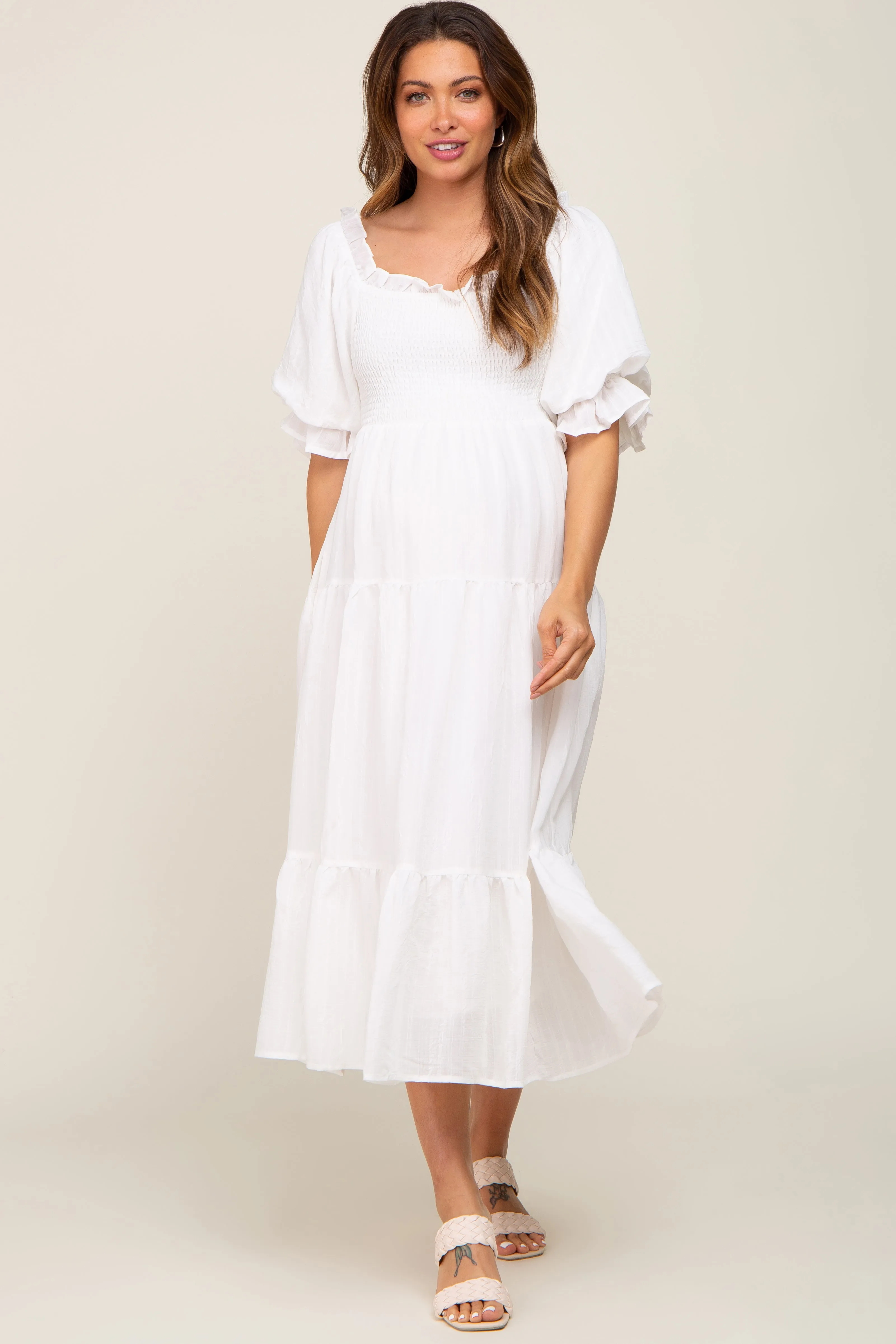 White Smocked Puff Sleeve Maternity Midi Dress sold by Pinkblush product image thumbnail 4