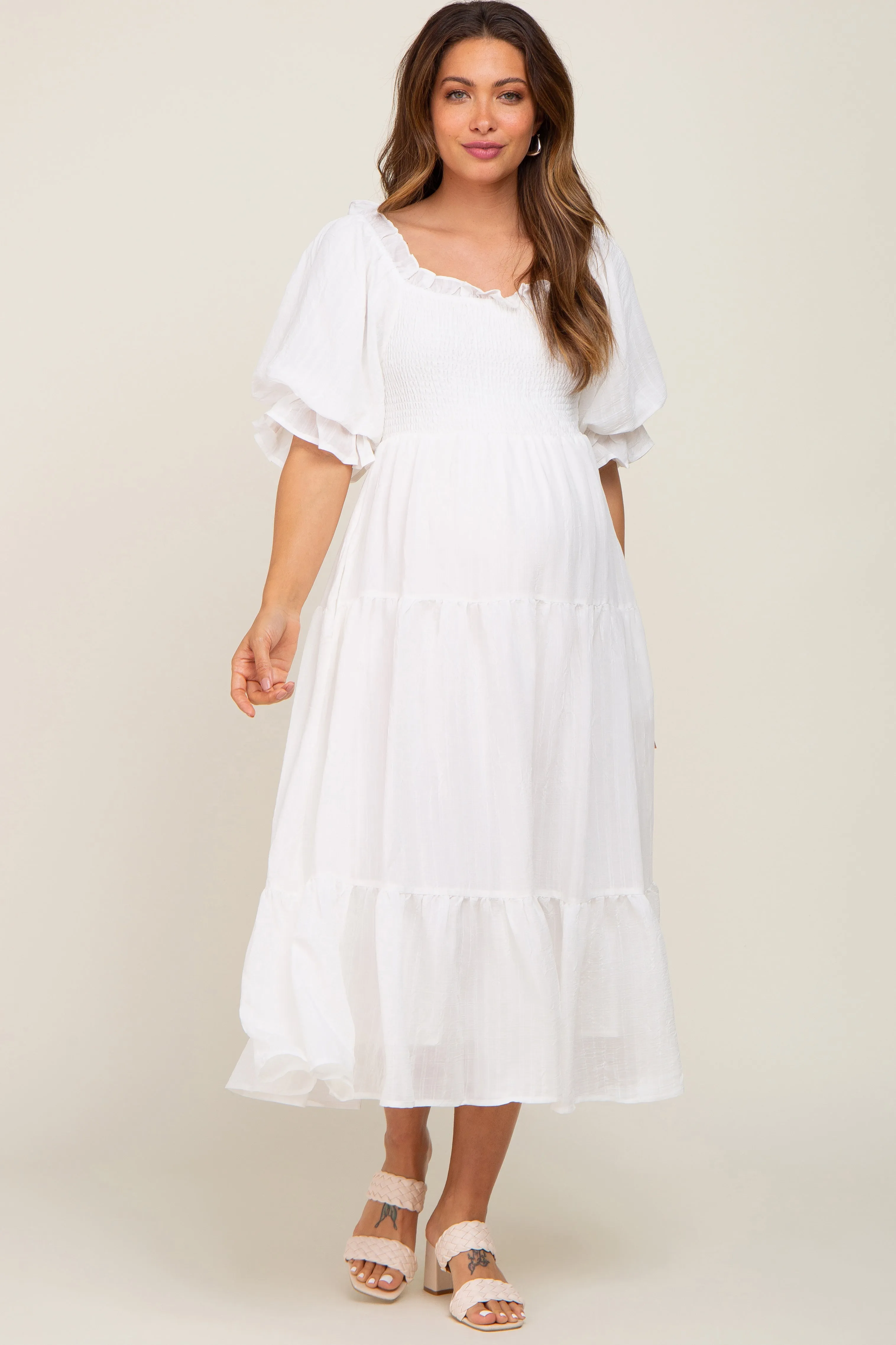 White Smocked Puff Sleeve Maternity Midi Dress sold by Pinkblush