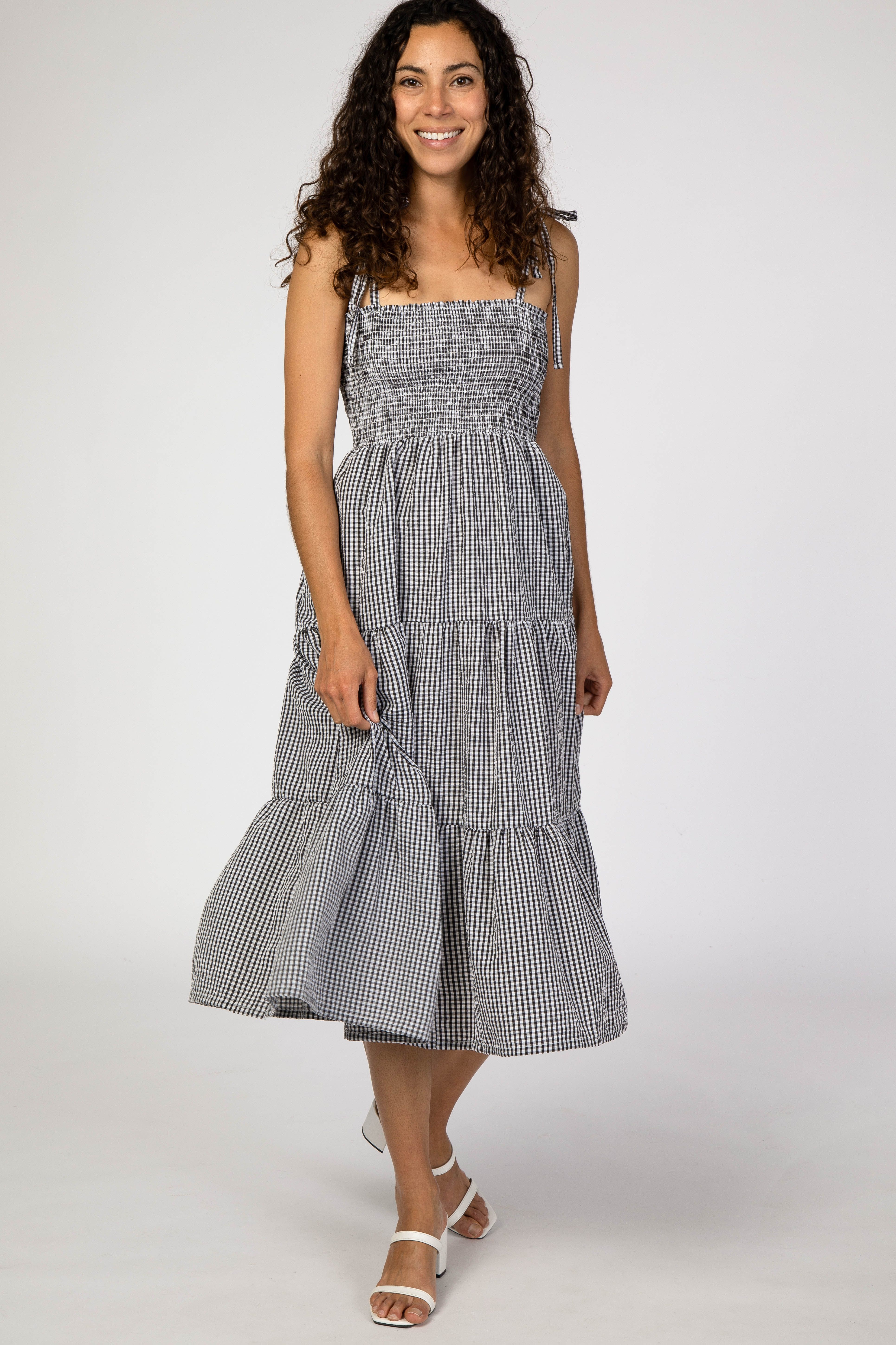Black Checkered Tiered Midi Dress sold by Pinkblush