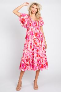 Fuchsia Print Smocked V-Neck Midi Dress sold by Pinkblush