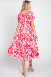 Fuchsia Print Smocked V-Neck Midi Dress sold by Pinkblush