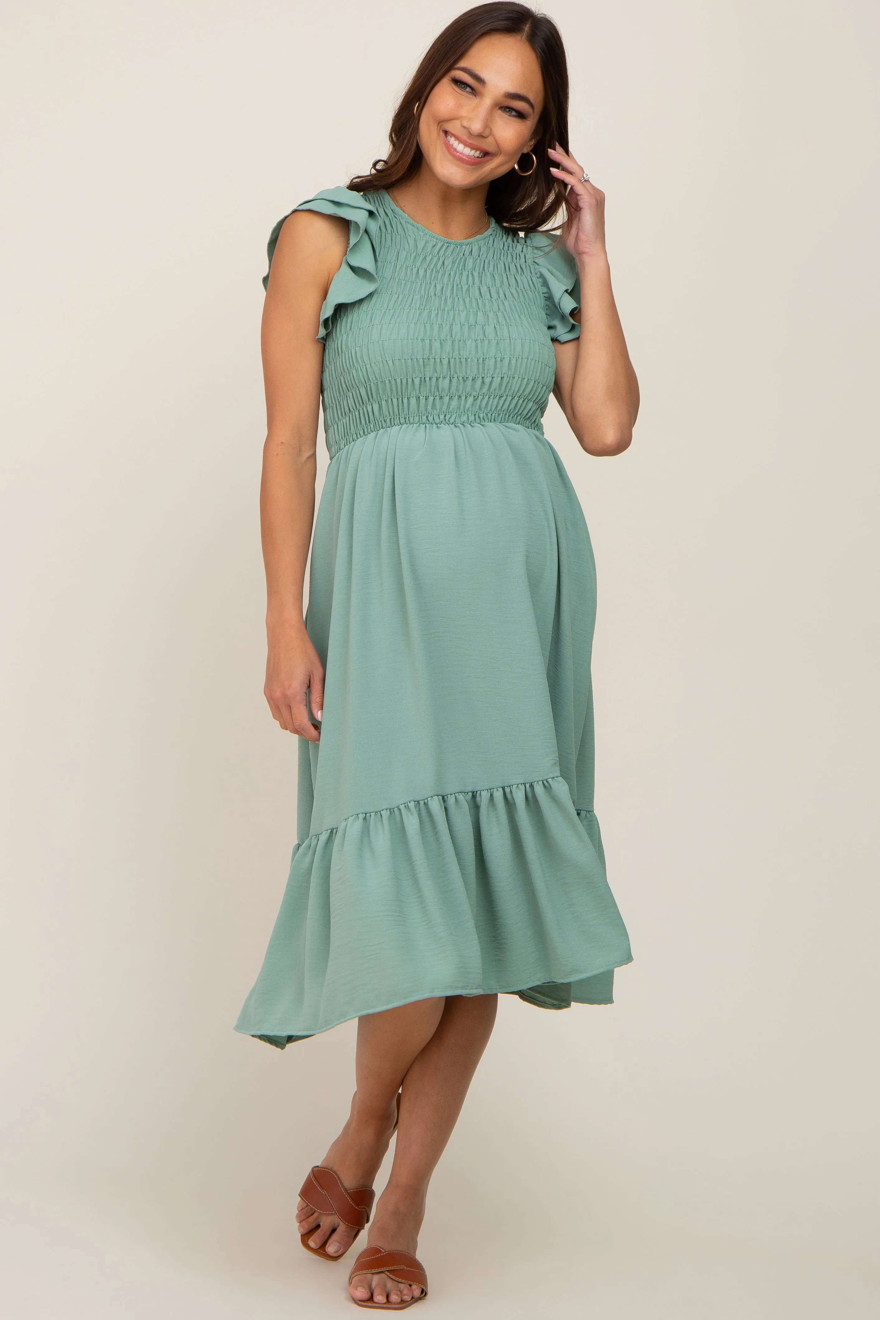 Sage Smocked Layered Ruffle Flutter Sleeve Maternity Midi Dress sold by Pinkblush product image thumbnail 4