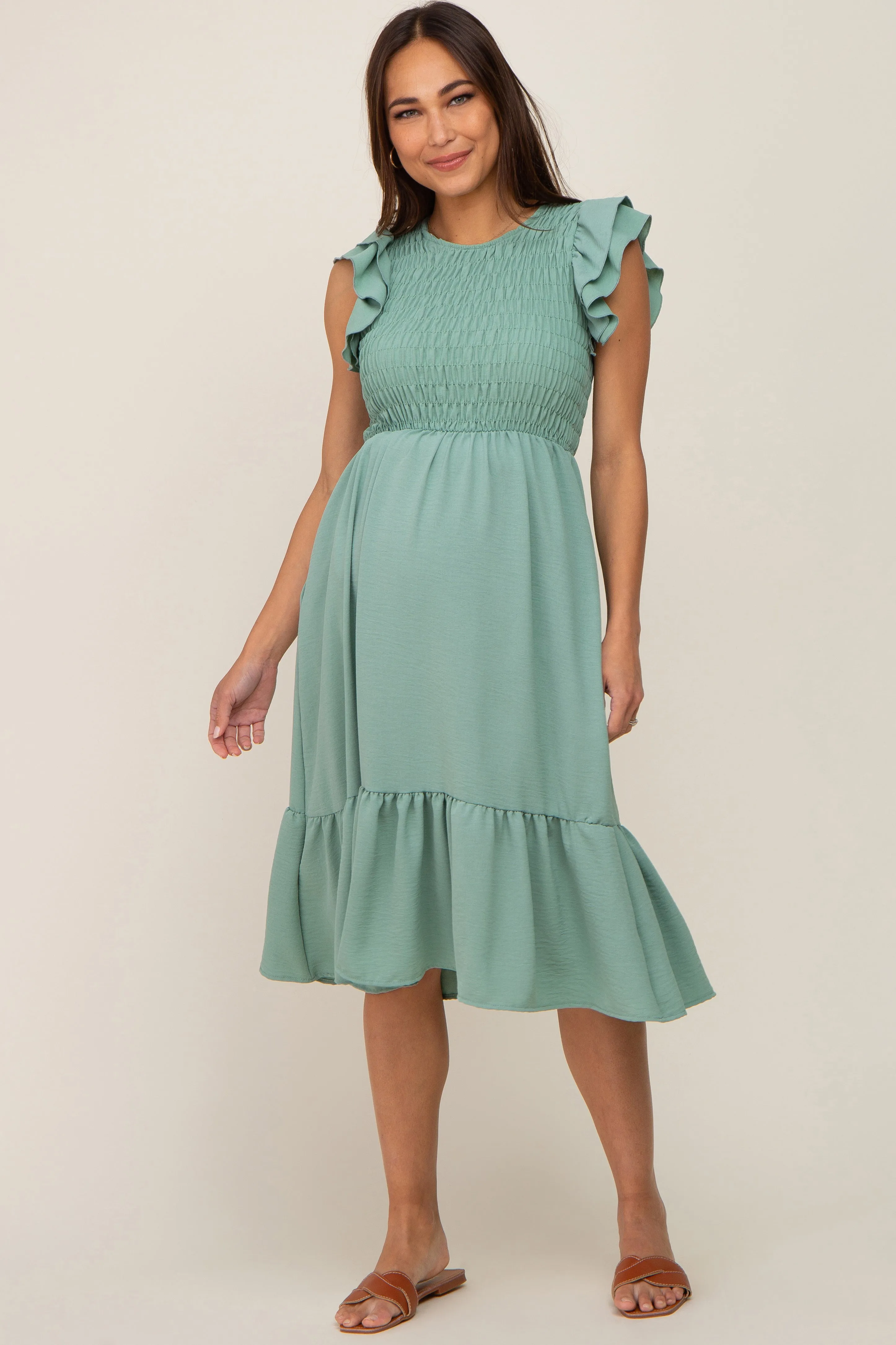 Sage Smocked Layered Ruffle Flutter Sleeve Maternity Midi Dress sold by Pinkblush
