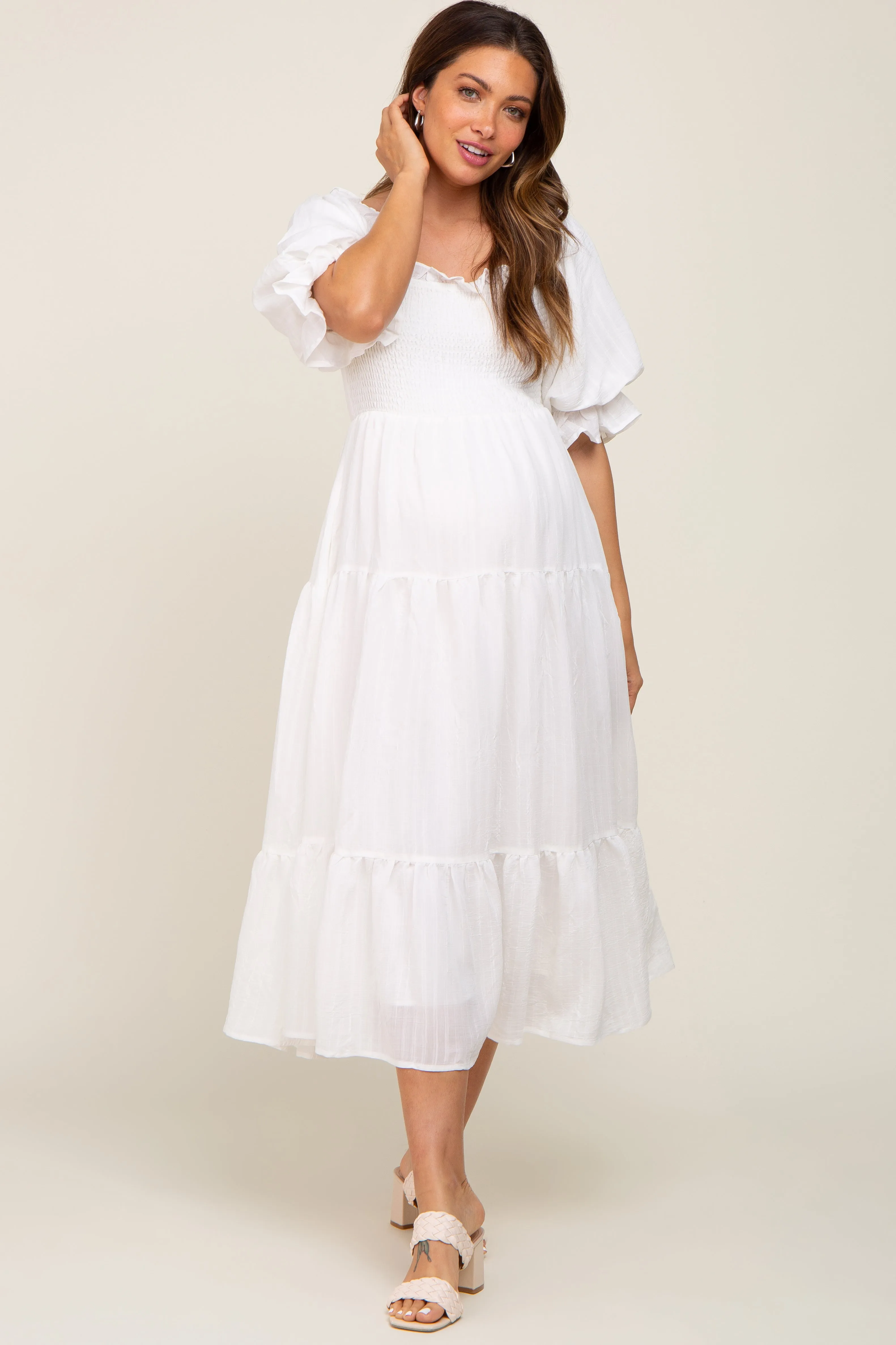 White Smocked Puff Sleeve Maternity Midi Dress sold by Pinkblush product image thumbnail 5