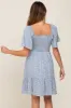 Light Blue Floral Smocked Square Neck Ruffle Hem Dress sold by Pinkblush