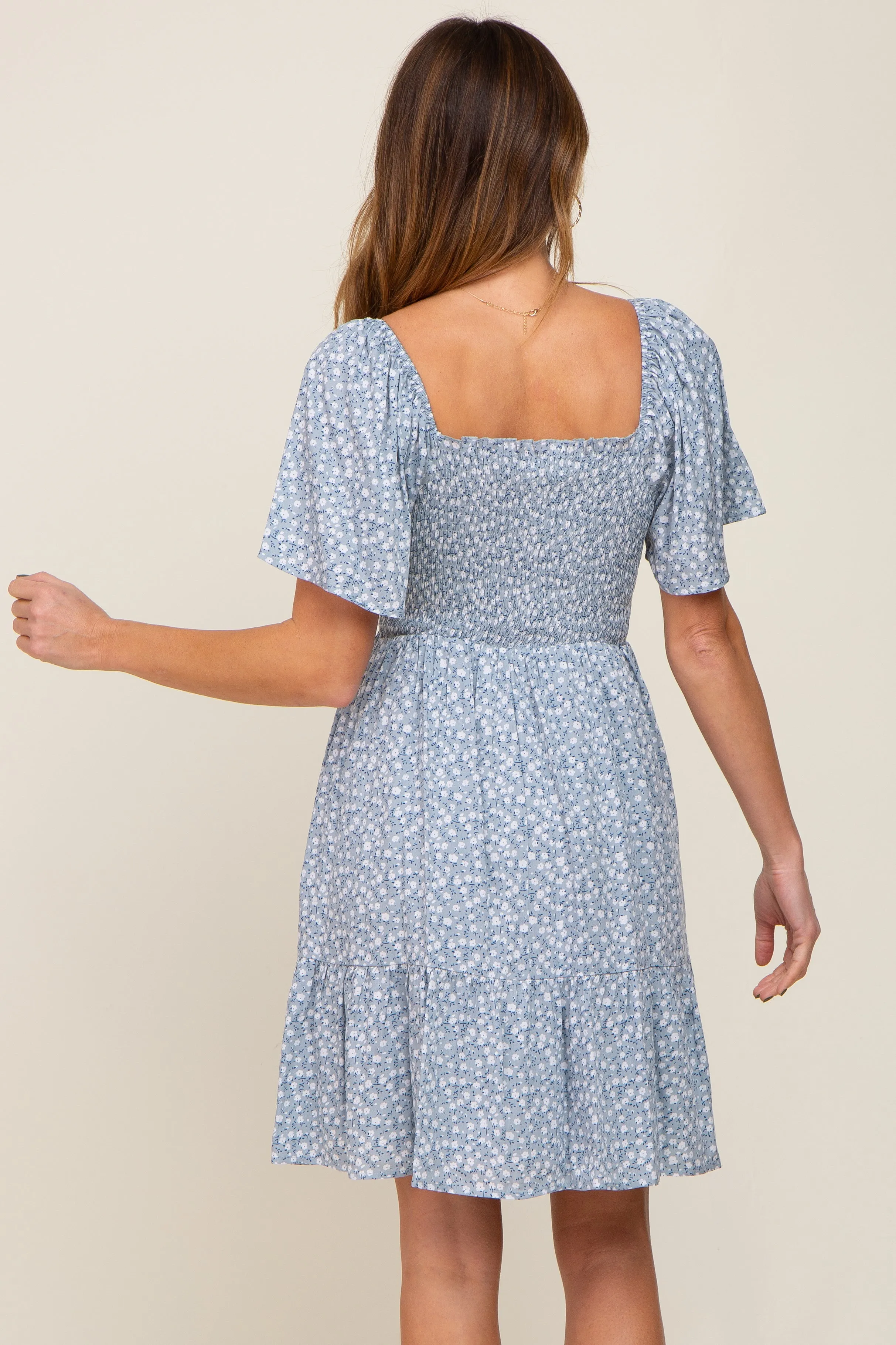 Light Blue Floral Smocked Square Neck Ruffle Hem Dress sold by Pinkblush product image thumbnail 3