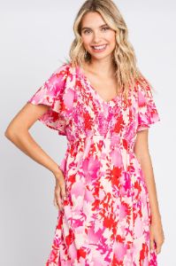 Fuchsia Print Smocked V-Neck Midi Dress sold by Pinkblush