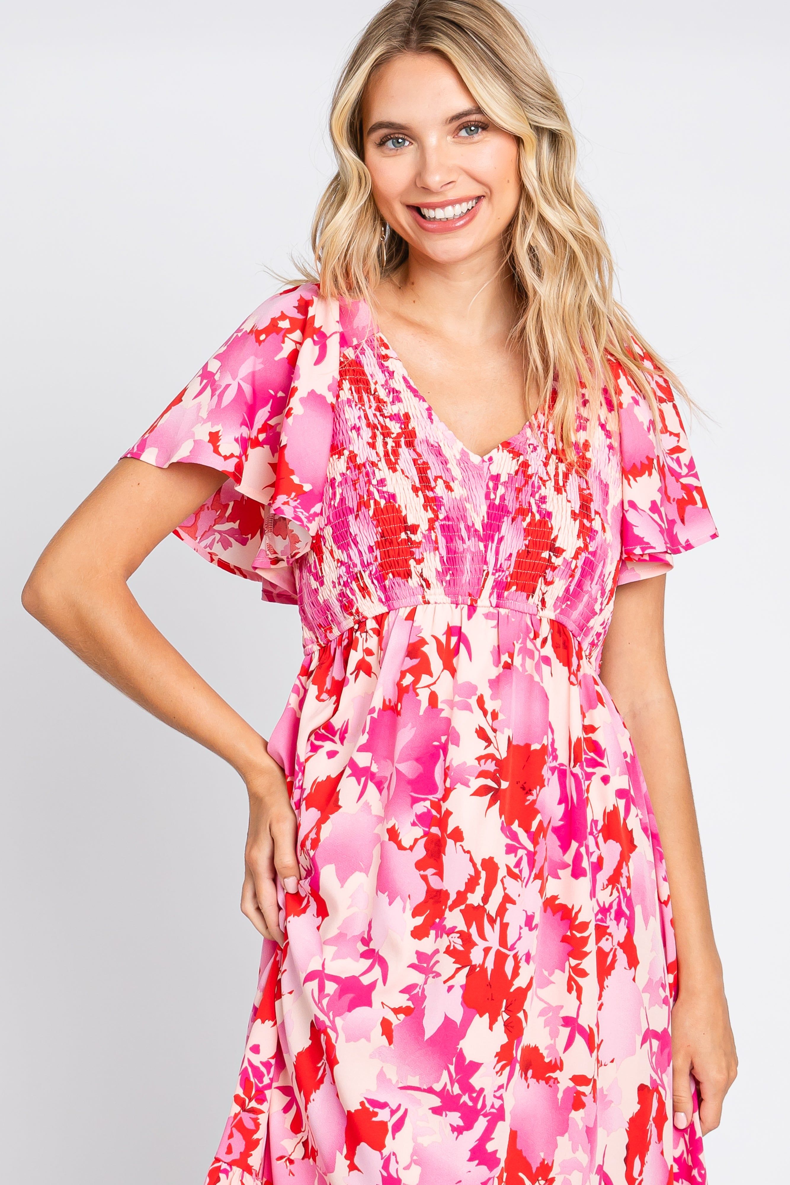 Fuchsia Print Smocked V-Neck Midi Dress sold by Pinkblush product image thumbnail 4