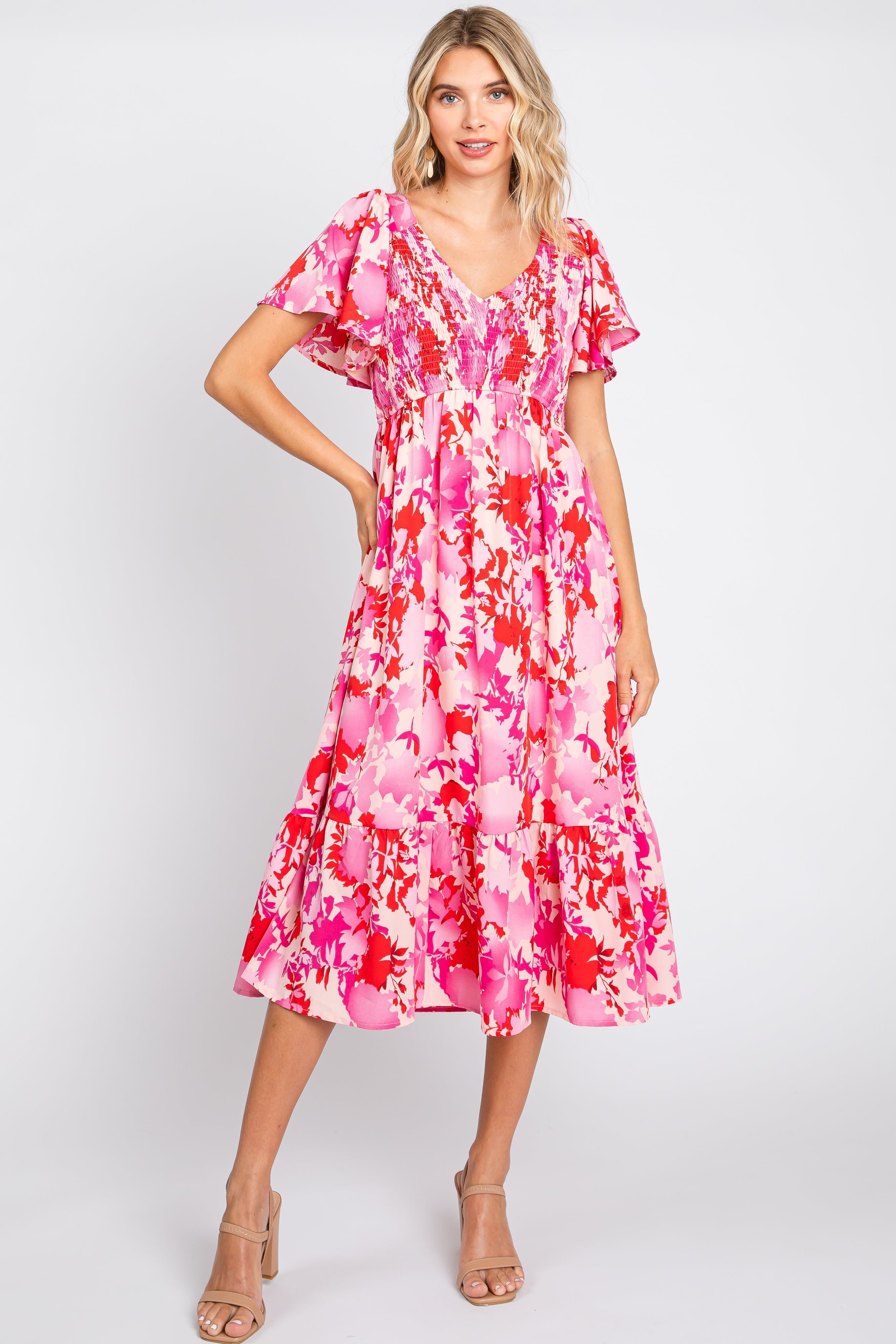 Fuchsia Print Smocked V-Neck Midi Dress sold by Pinkblush