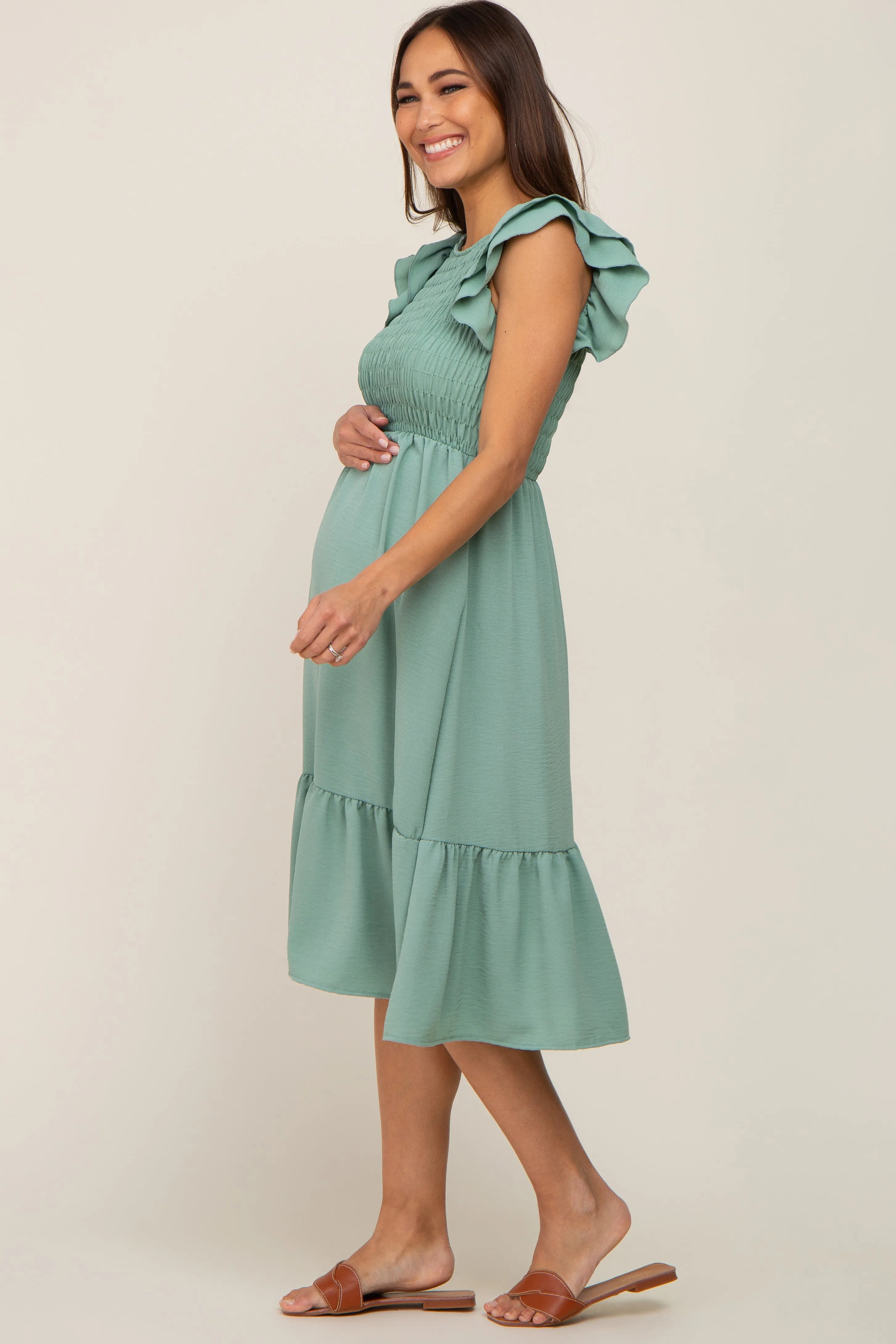 Sage Smocked Layered Ruffle Flutter Sleeve Maternity Midi Dress sold by Pinkblush product image thumbnail 2