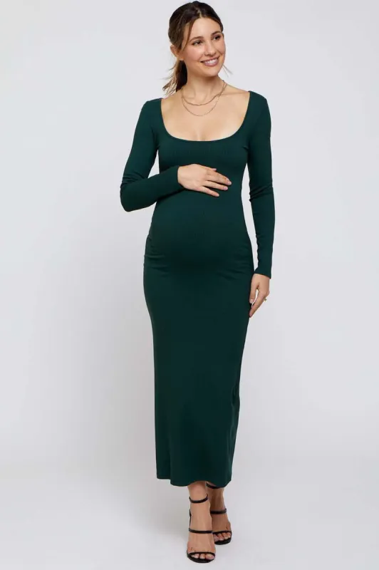 Forest Green Ribbed Scoop Neck Maternity Midi Dress sold by Pinkblush