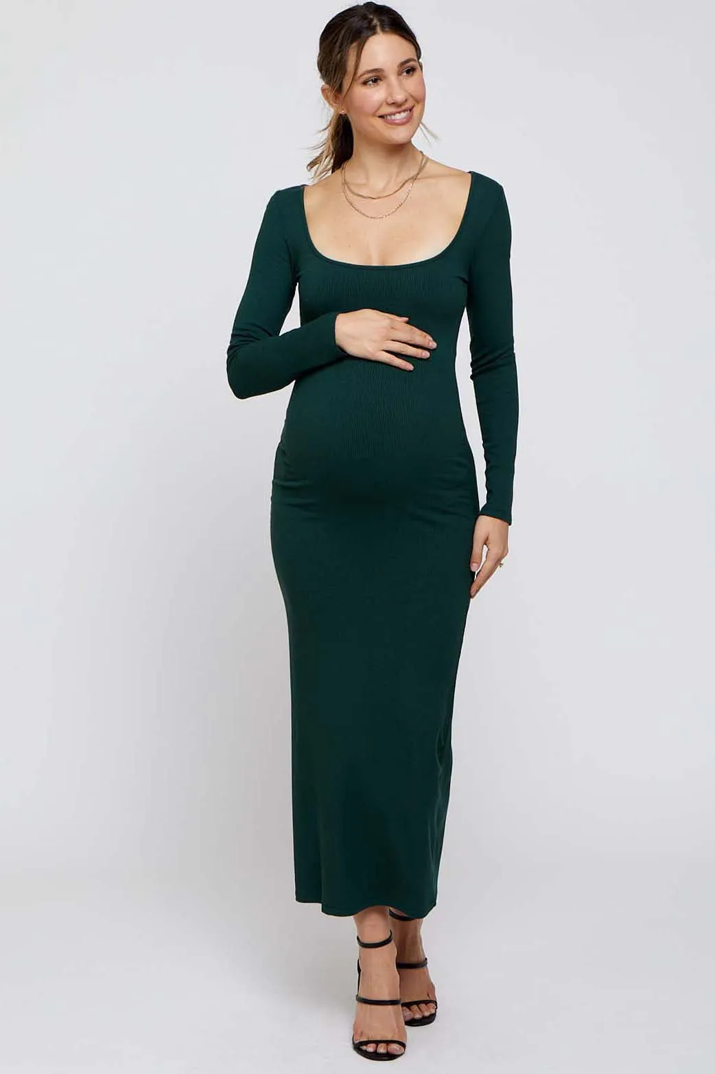 Forest Green Ribbed Scoop Neck Maternity Midi Dress sold by Pinkblush