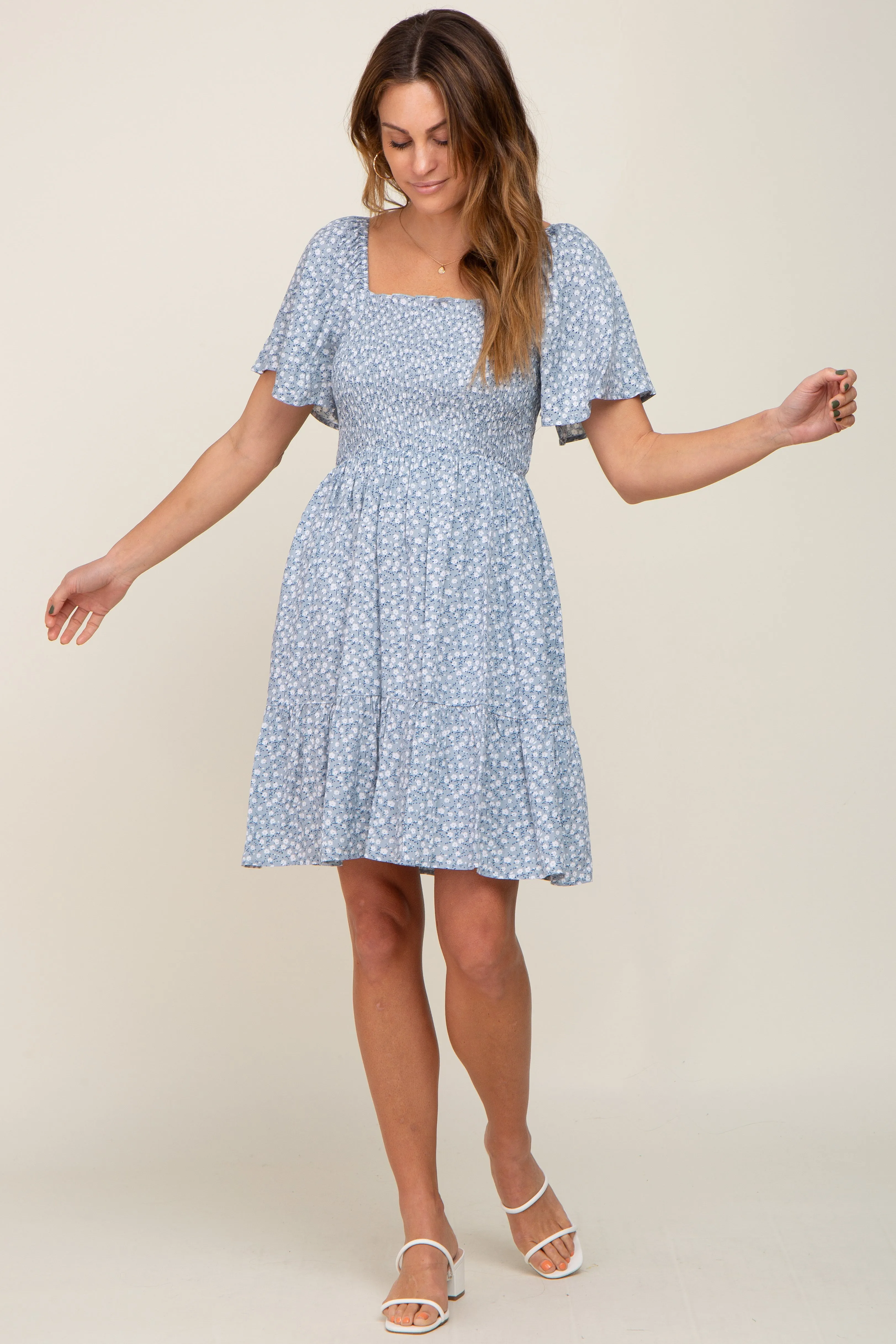 Light Blue Floral Smocked Square Neck Ruffle Hem Dress sold by Pinkblush product image thumbnail 4