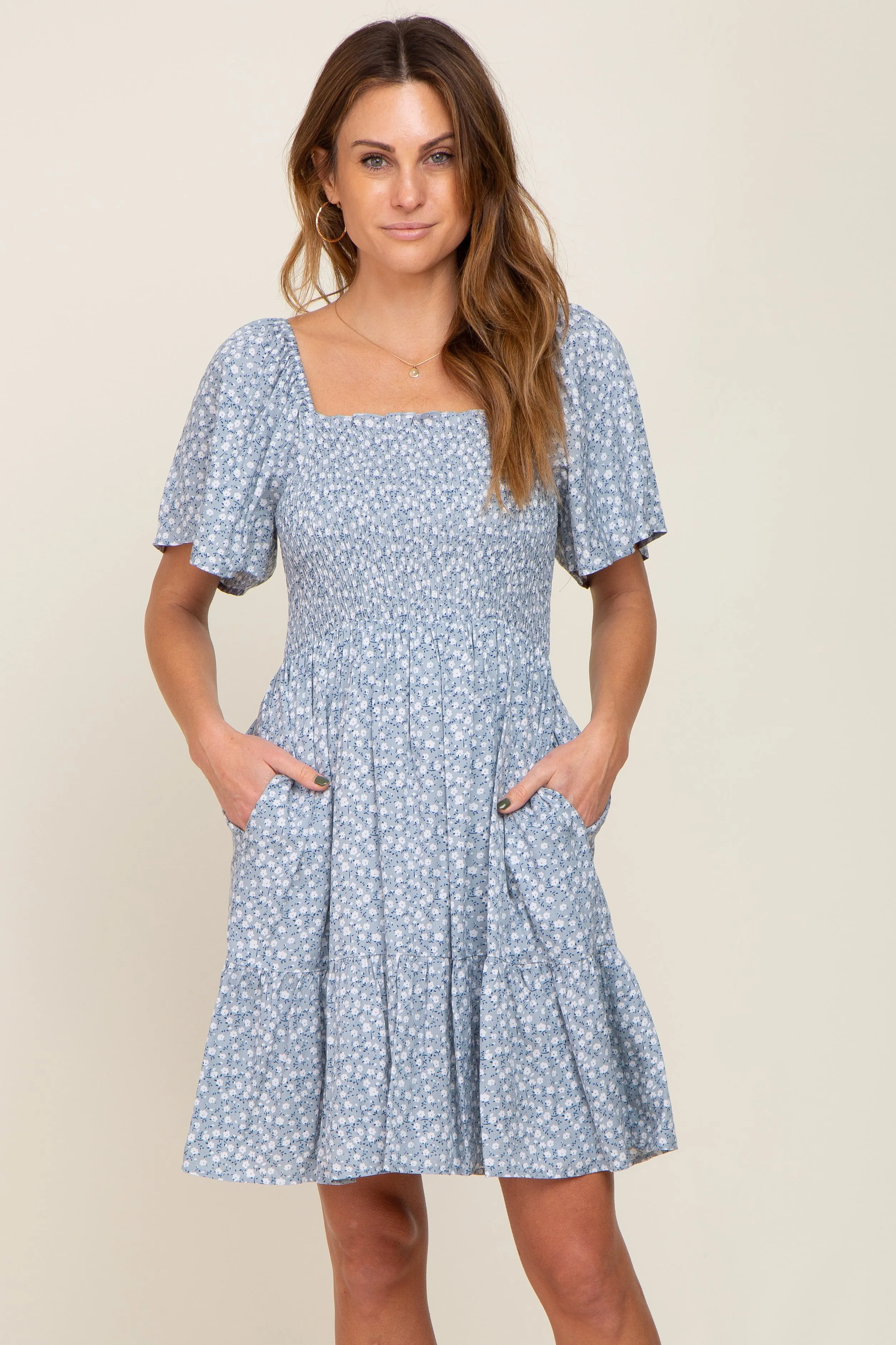 Light Blue Floral Smocked Square Neck Ruffle Hem Dress sold by Pinkblush