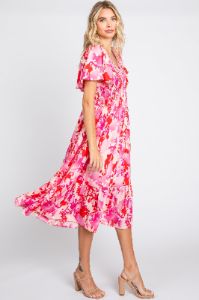 Fuchsia Print Smocked V-Neck Midi Dress sold by Pinkblush