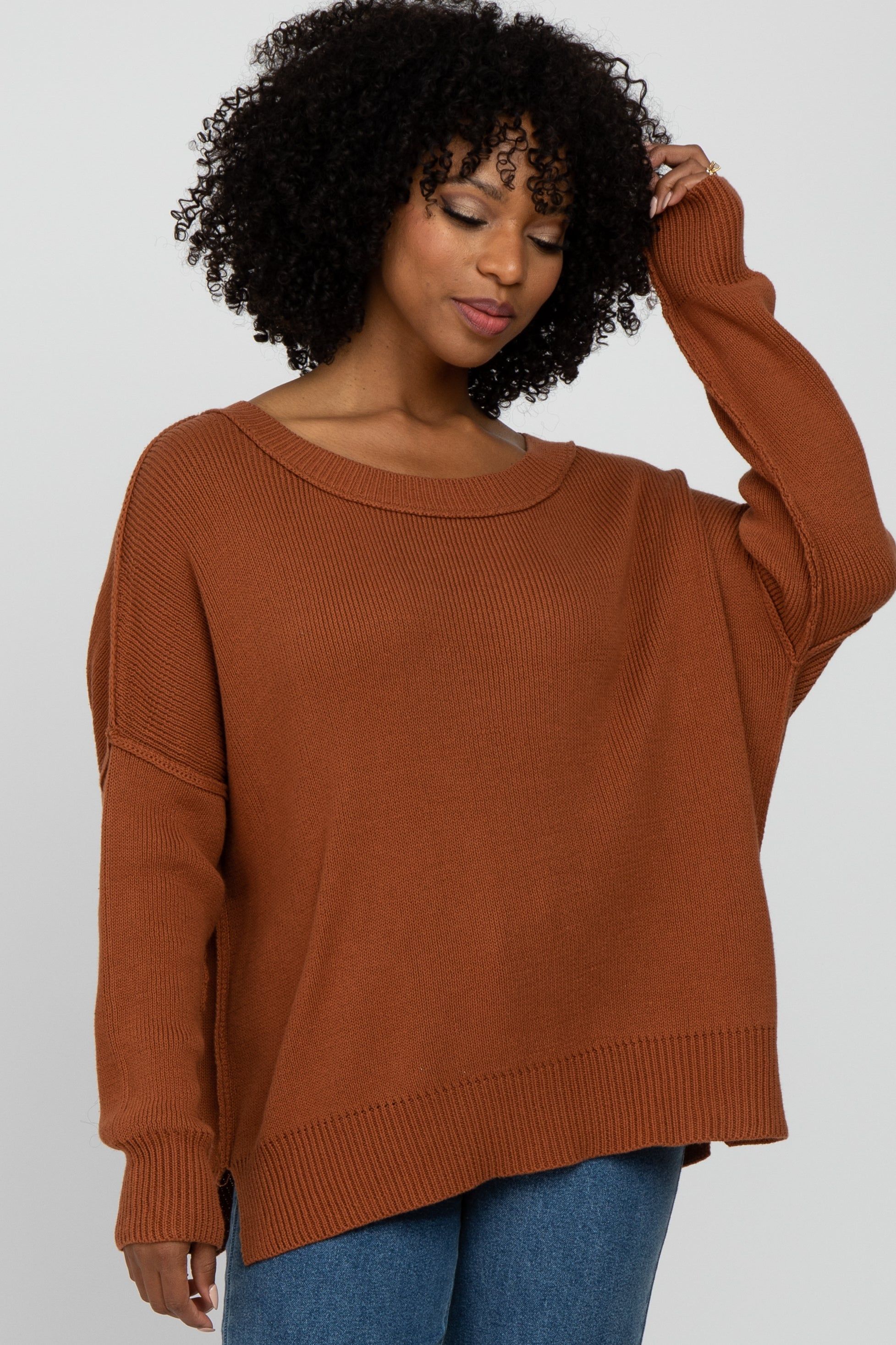Camel Exposed Seam Side Slit Maternity Sweater sold by Pinkblush product image thumbnail 5