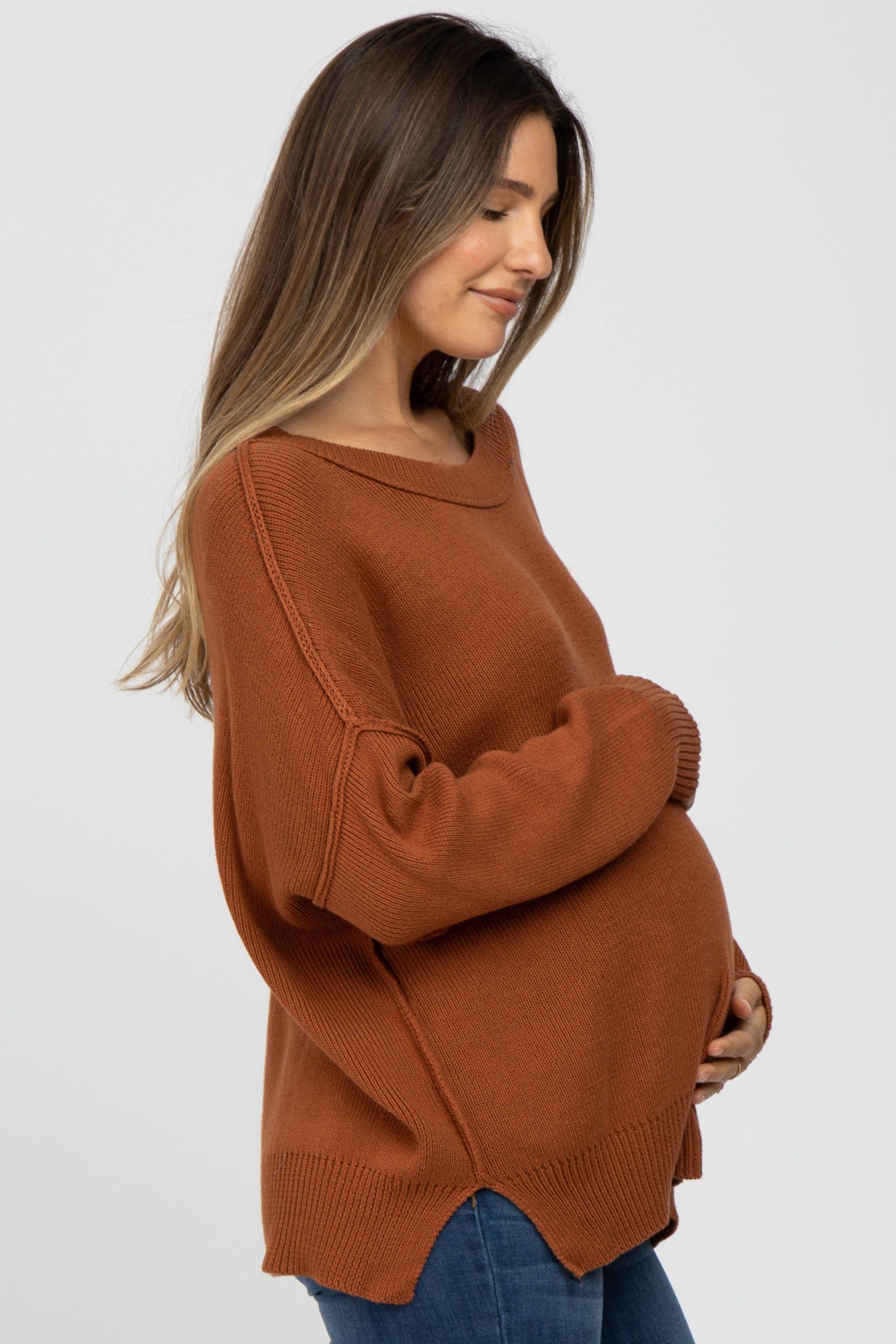 Camel Exposed Seam Side Slit Maternity Sweater sold by Pinkblush product image thumbnail 2