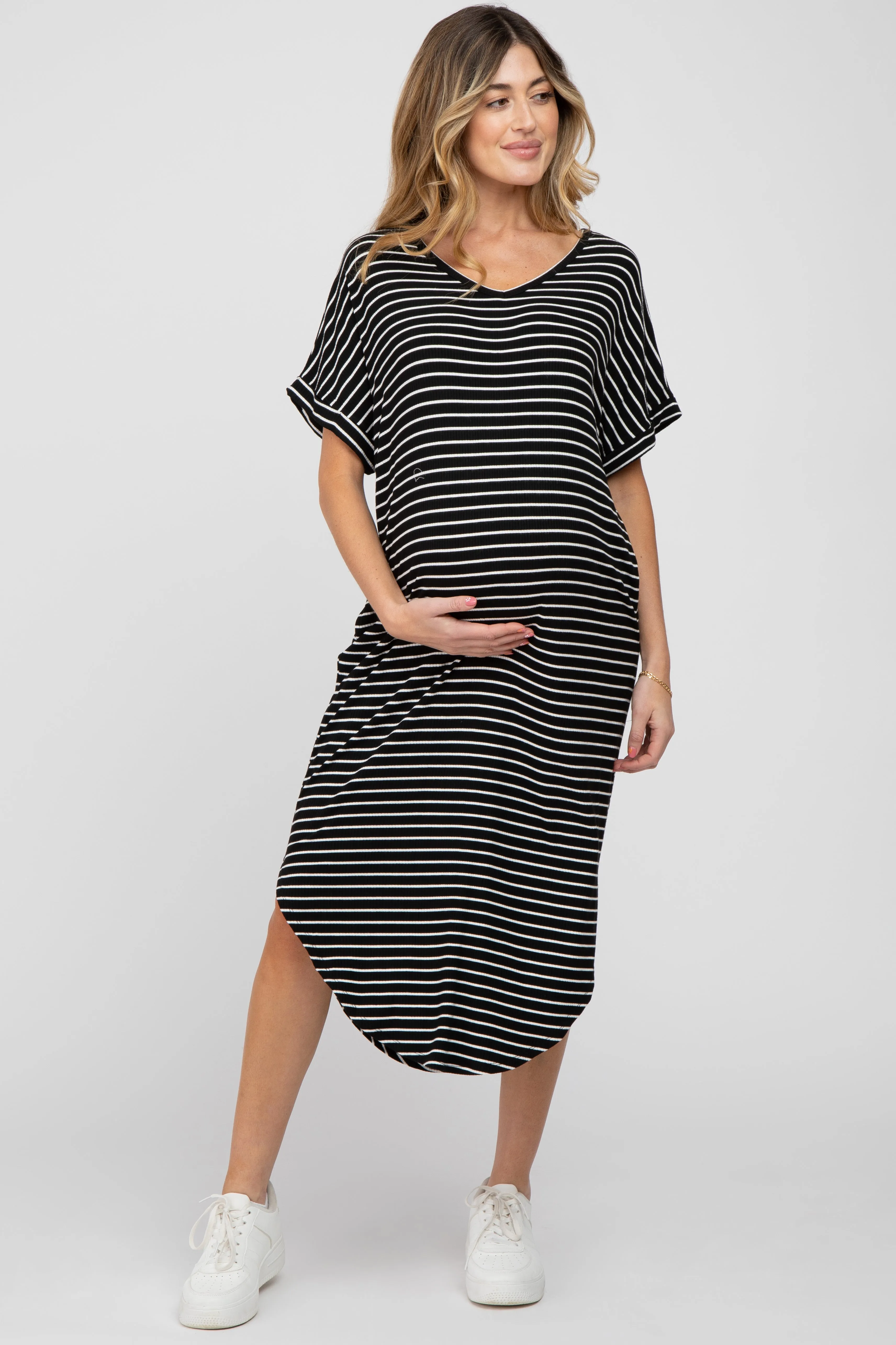 Black Striped Ribbed Curved Hem Maternity Midi Dress sold by Pinkblush