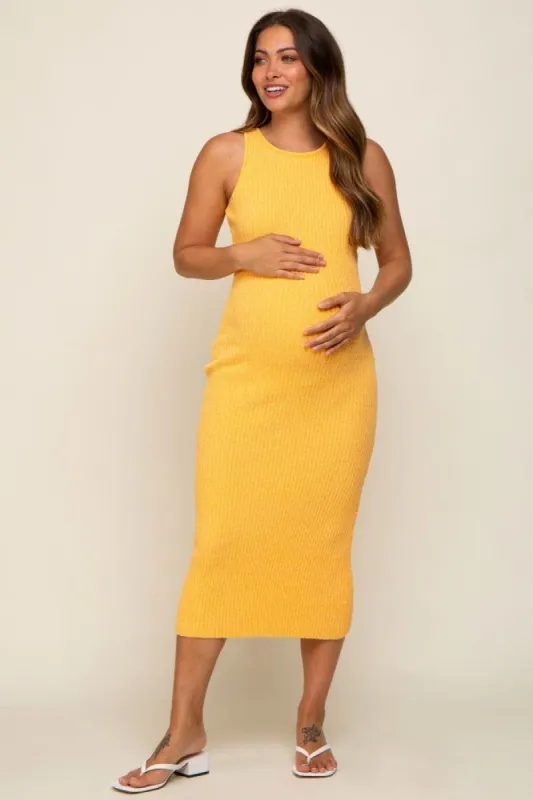 Gold Sleeveless Ribbed Knit Fitted Maternity Midi Dress sold by Pinkblush