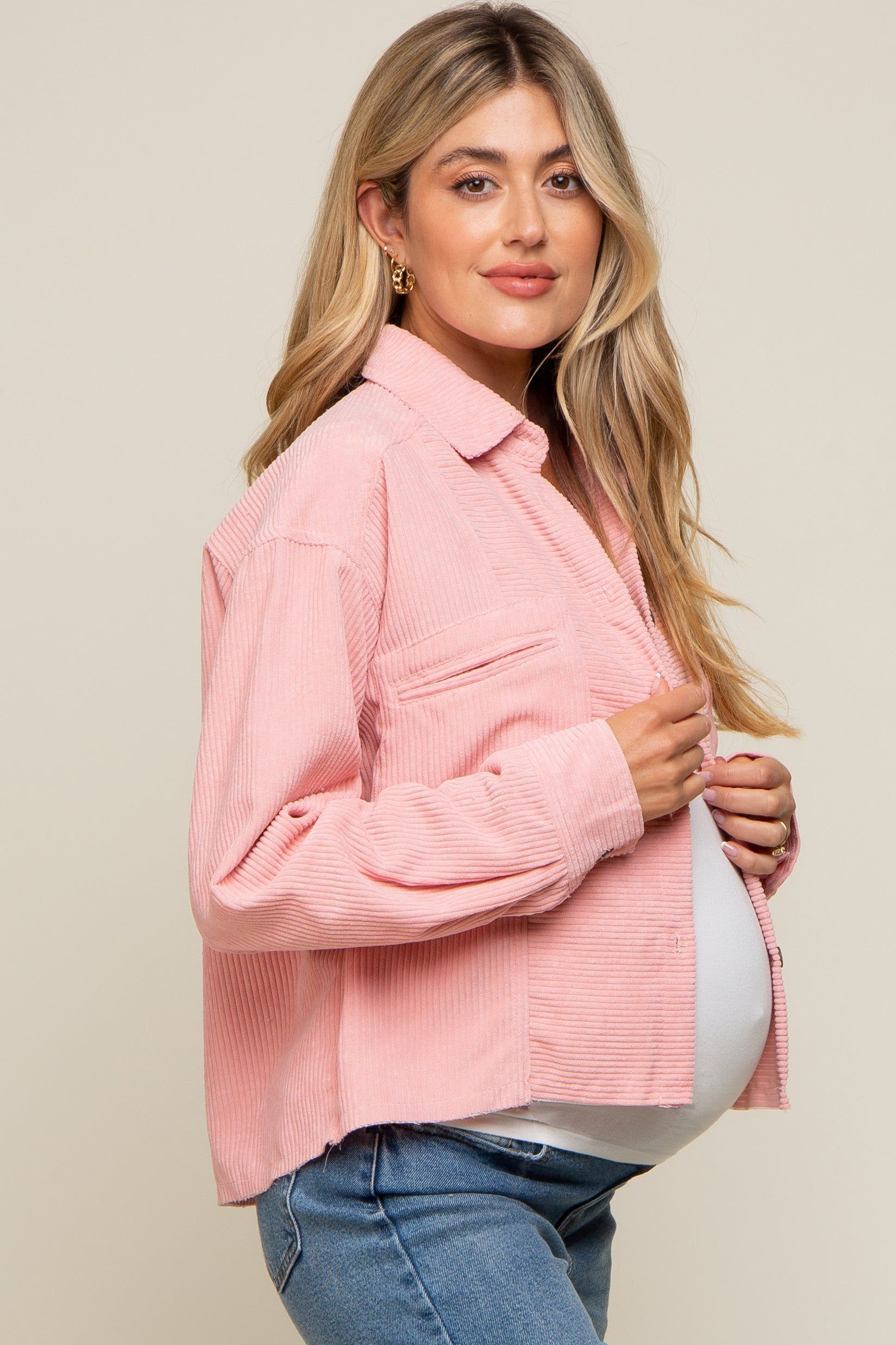 Light Pink Corduroy Raw Hem Maternity Shacket sold by Pinkblush product image thumbnail 2