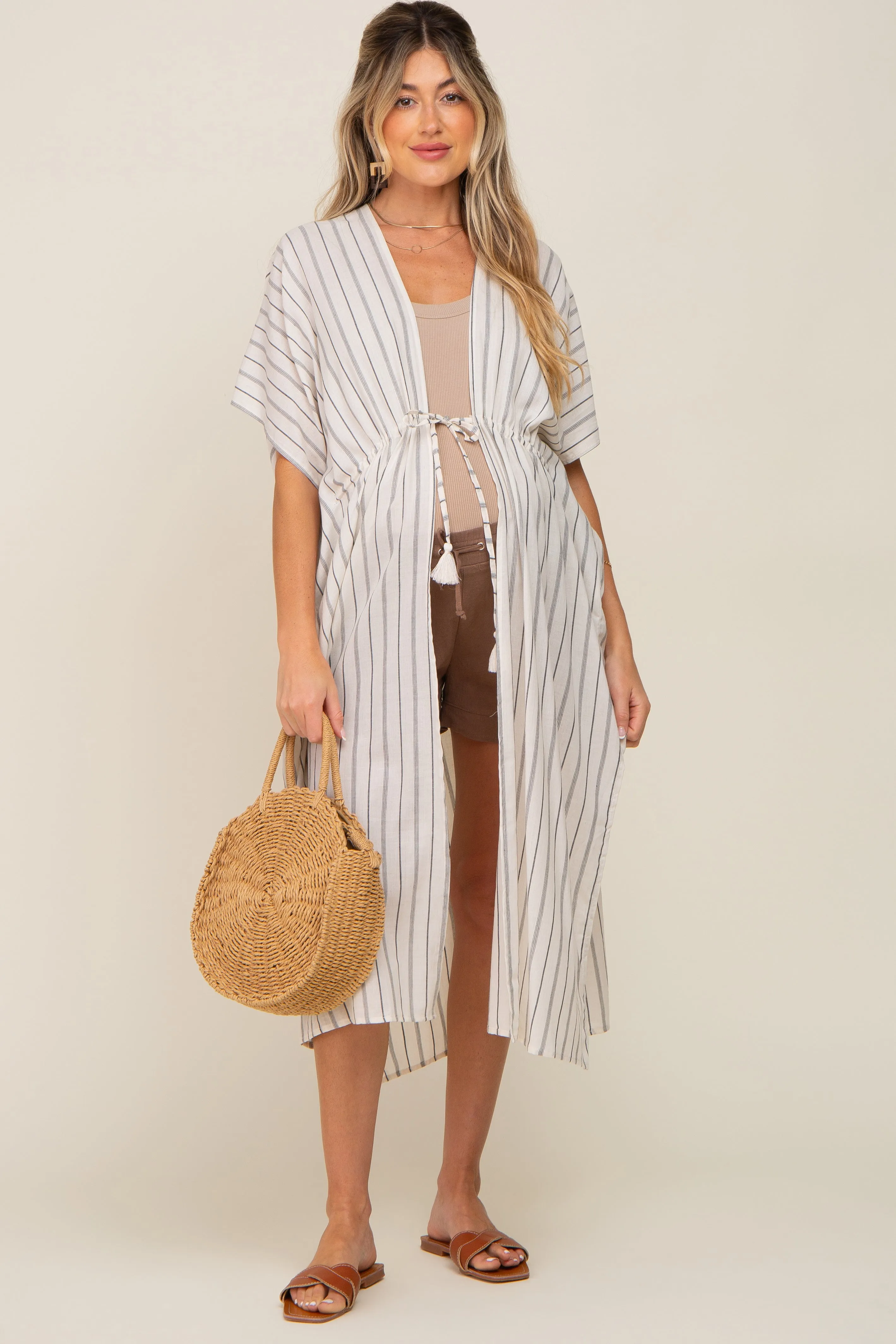 Ivory Striped Side Slit Tassel Tie Maternity Cover-Up sold by Pinkblush product image thumbnail 4