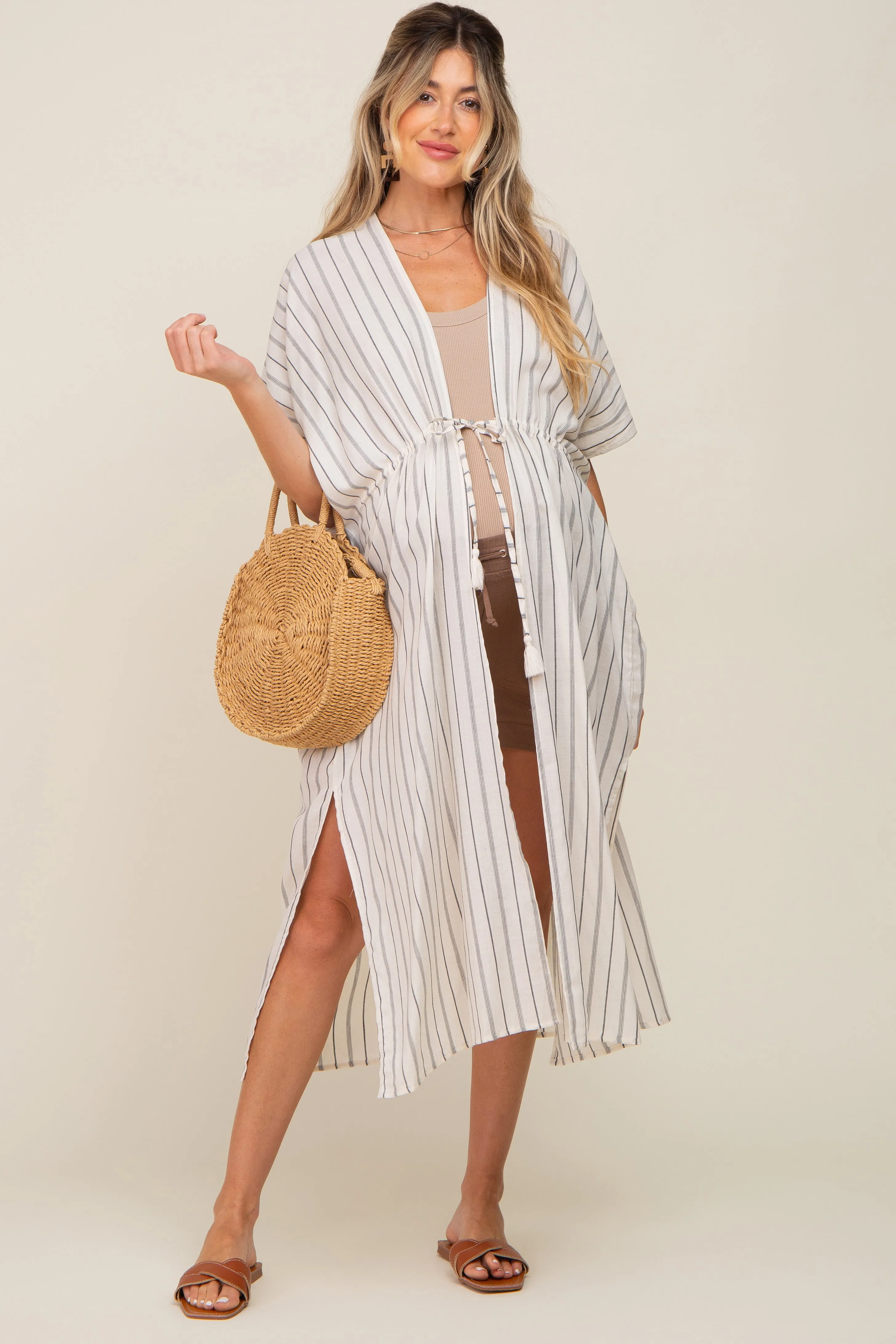 Ivory Striped Side Slit Tassel Tie Maternity Cover-Up sold by Pinkblush