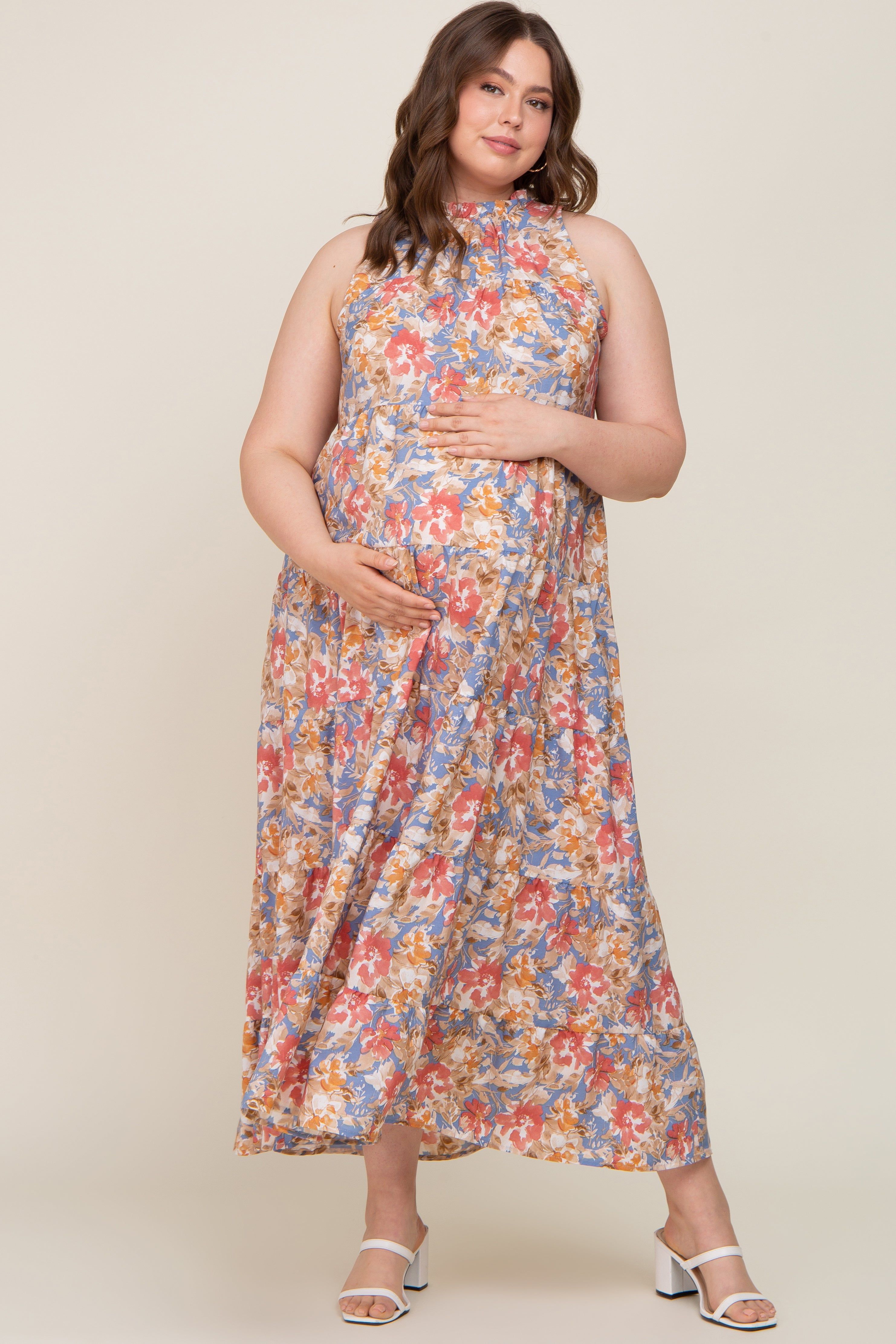 Blue Floral Ruffle Mock Neck Tiered Maternity Plus Maxi Dress sold by Pinkblush product image thumbnail 4