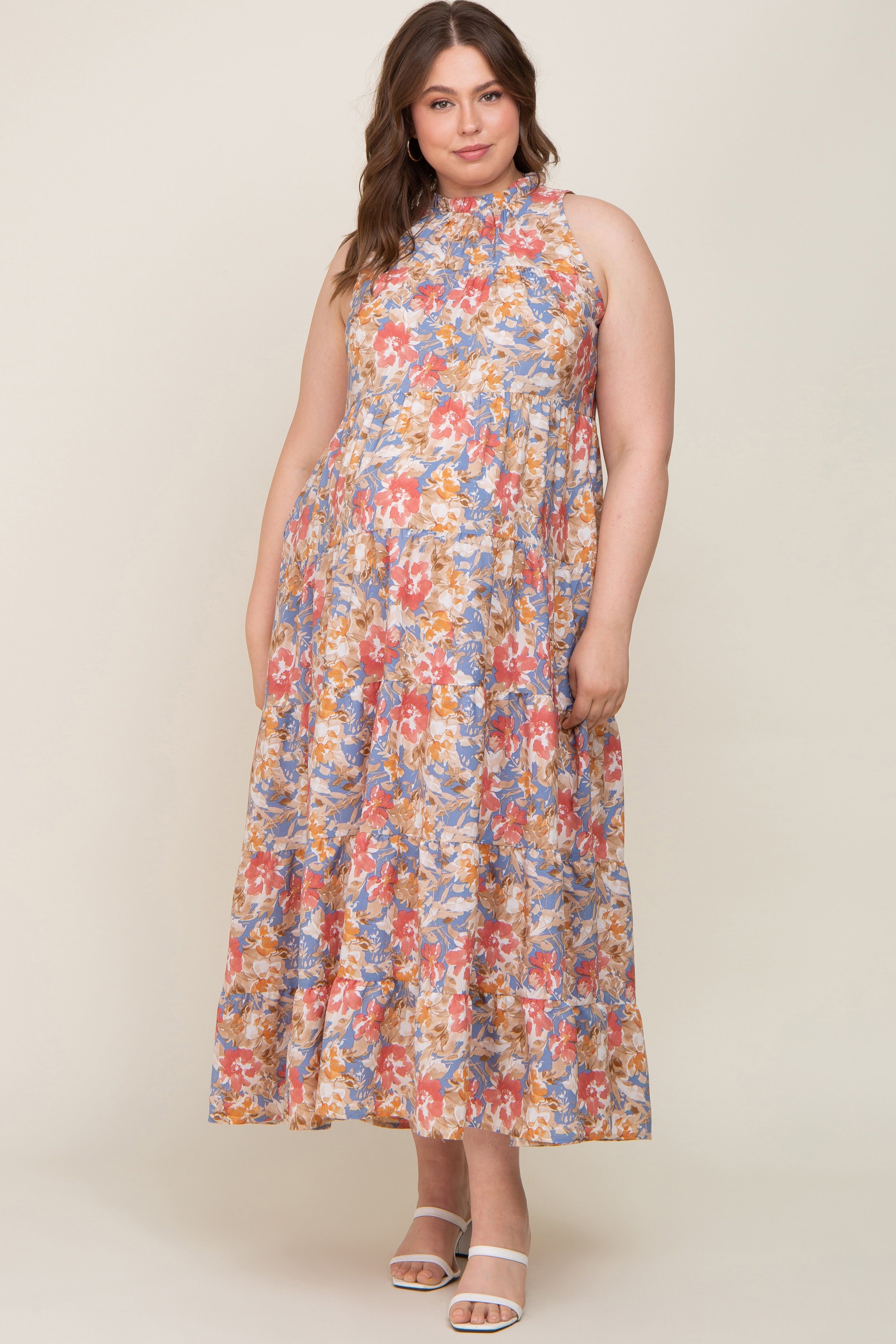 Blue Floral Ruffle Mock Neck Tiered Maternity Plus Maxi Dress sold by Pinkblush