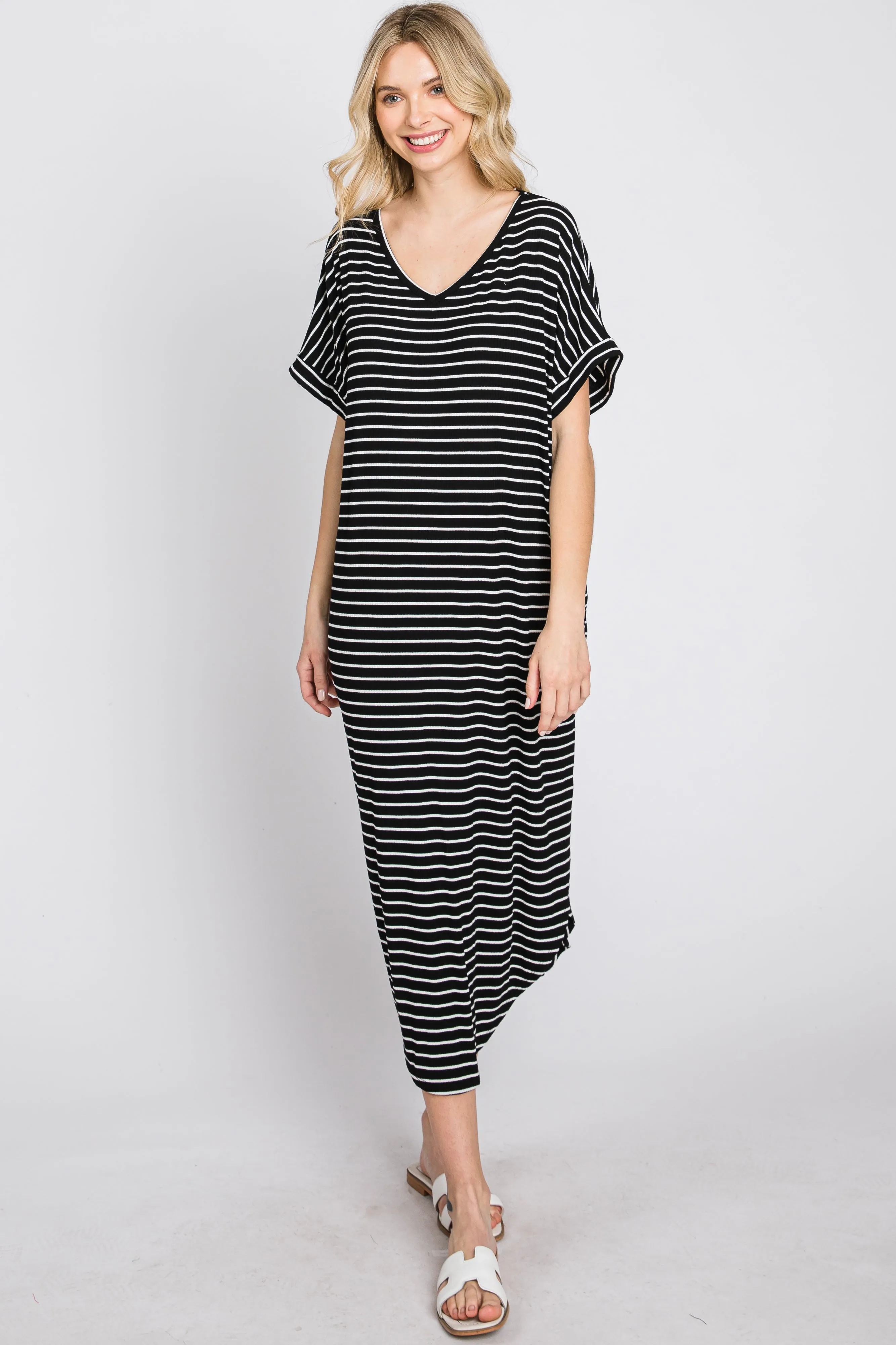 Black Striped Ribbed Curved Hem Maternity Midi Dress sold by Pinkblush product image thumbnail 5