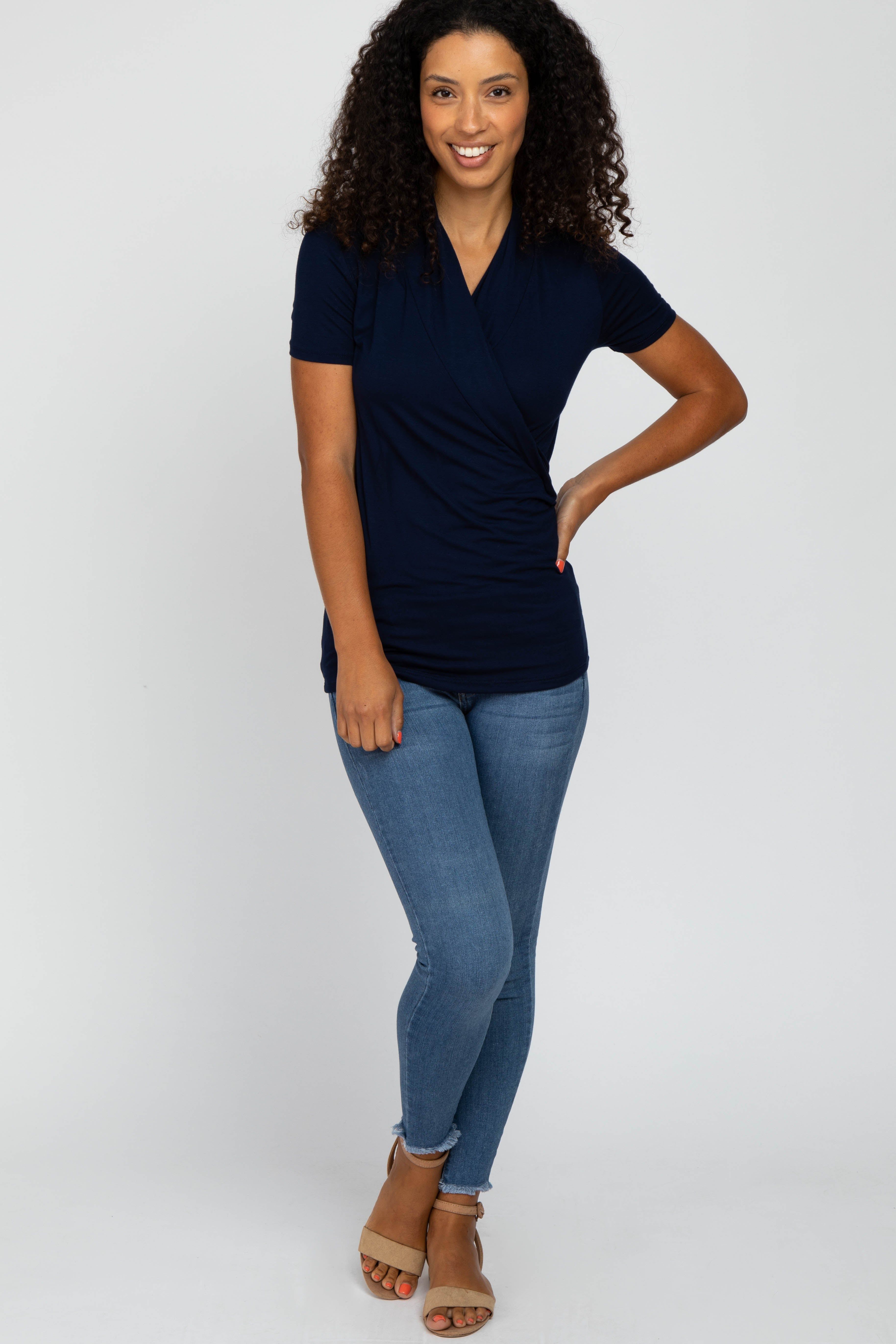 Navy Blue Solid Short Sleeve Wrap Front Nursing Top sold by Pinkblush product image thumbnail 5
