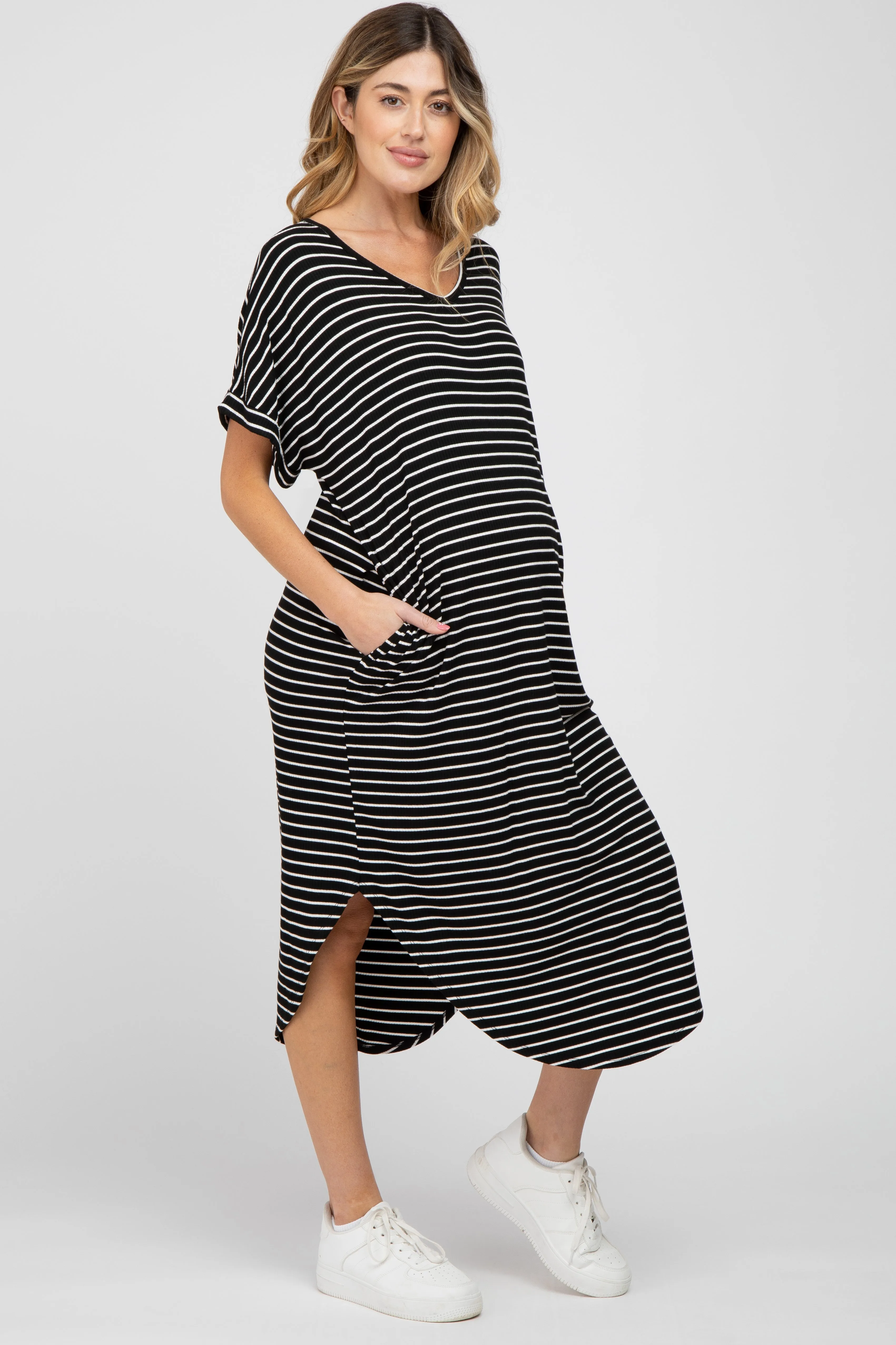 Black Striped Ribbed Curved Hem Maternity Midi Dress sold by Pinkblush product image thumbnail 2