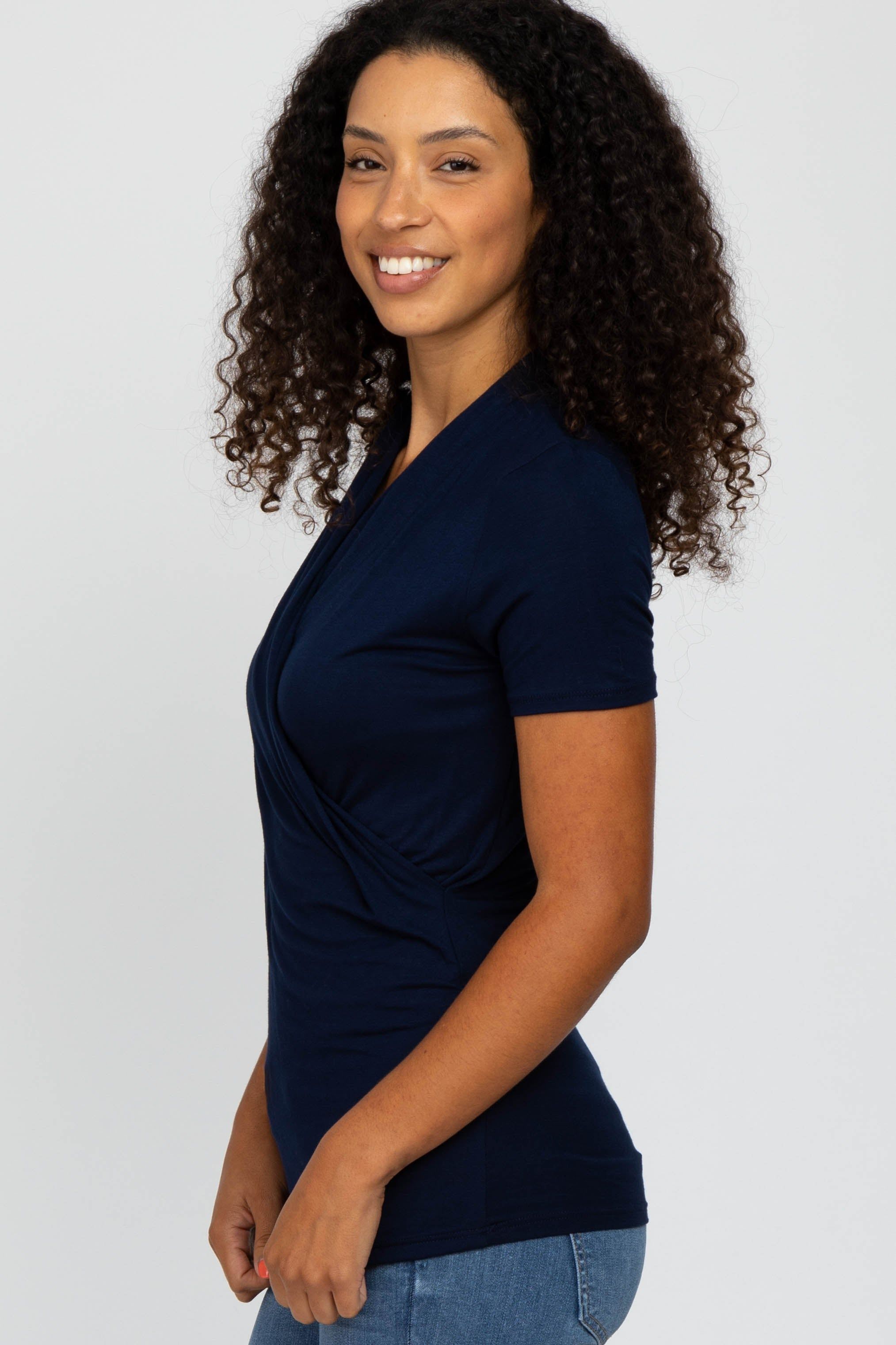 Navy Blue Solid Short Sleeve Wrap Front Nursing Top sold by Pinkblush product image thumbnail 2