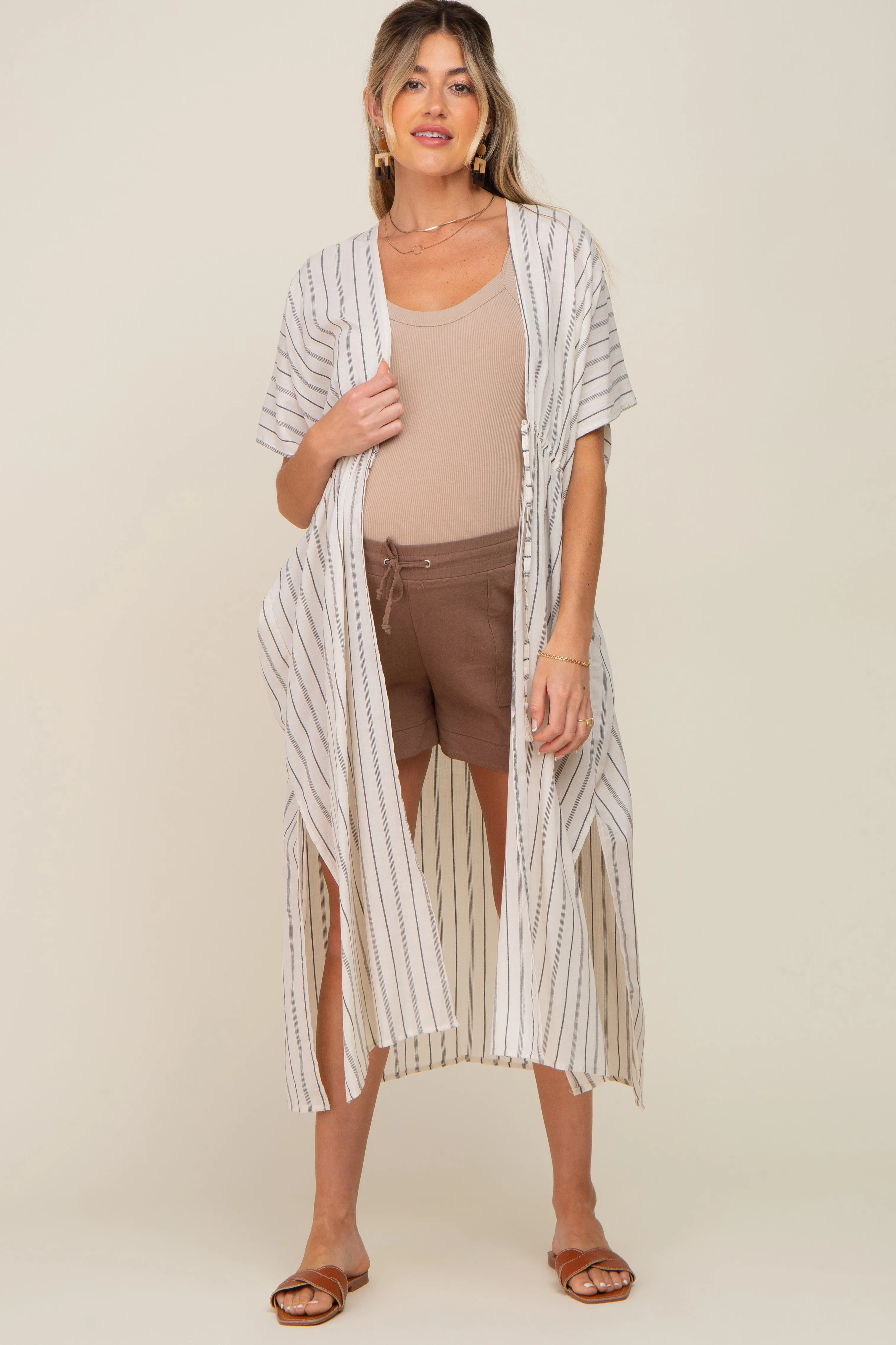 Ivory Striped Side Slit Tassel Tie Maternity Cover-Up sold by Pinkblush product image thumbnail 5